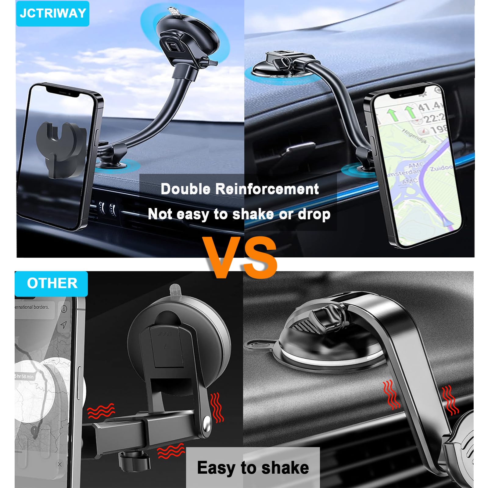 Jctriway Car Phone Mount For Collapsible Grip/Socket Mount User,Windshield/Dashboard/Vent Phone Holder With Strong Suction Cup,13-Inches Long Arm Gooseneck Cell Phone Cradle For Swappable Grip Stand