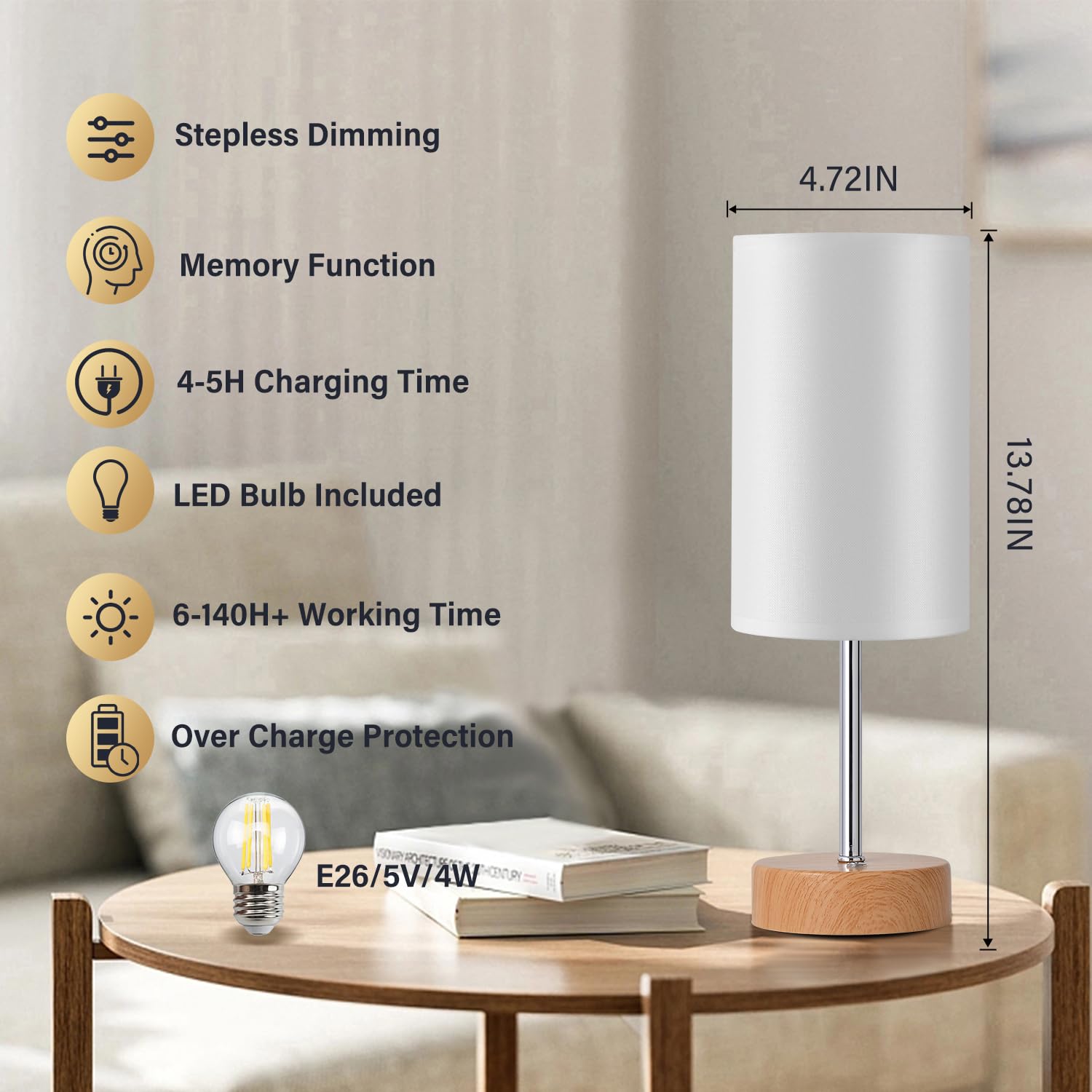 Jesiley Led Rechargeable Small Cordless Table Lamp, Touch Control,Low Battery Reminder, 5000Mah Battery Powered, Portable Desk Lamp, Stepless Dimming Light For Bedroom, Restaurants, Offices, Cafe (Wooden)