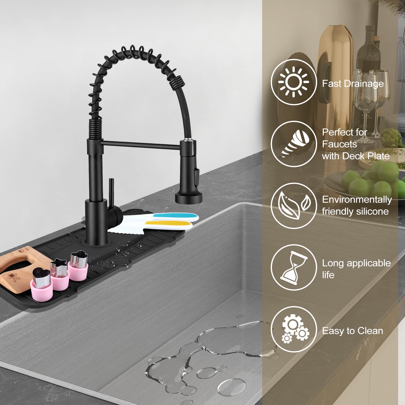 Kingmall Silicone Faucet Mat, Kitchen Faucet Mat For Drip Catcher, 100% Food Grade Silicone, Black, Deck Mount, Single Hole, Reusable, For Faucets With 1Cm(0.4 Inch) Deck Plate