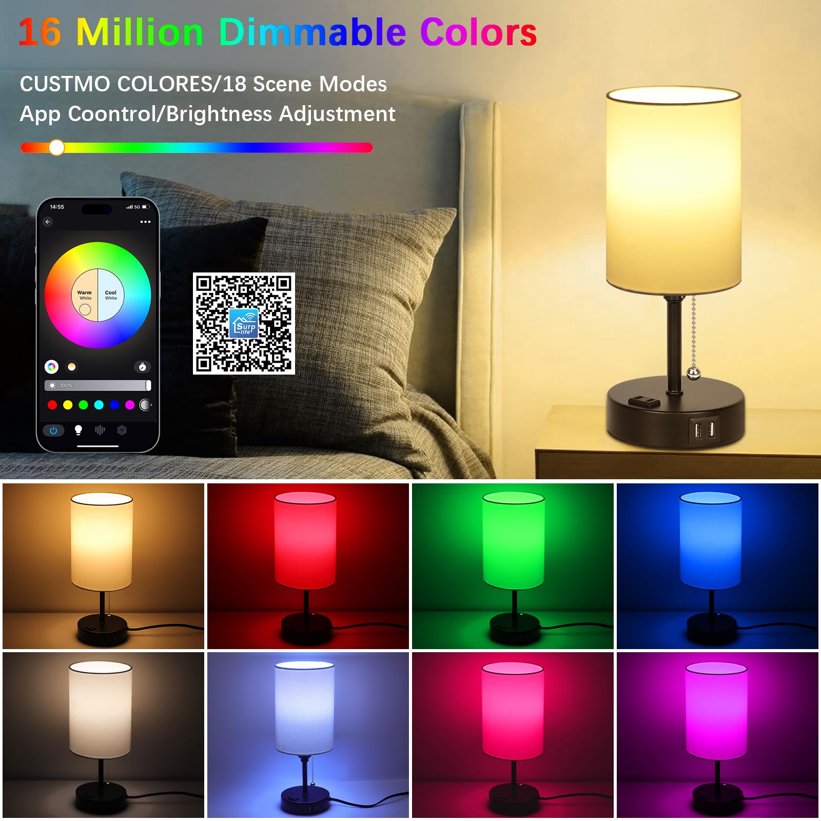 Abboraunt Rgb Smart Bedside Lamp For Bedroom Nightstand Lamp With 2 Usb Port And Outlet, Color Changing Bed Table Lamp With Voice & App Control & Music Sync, Night Stand Wifi Rgb Led Bulb Included