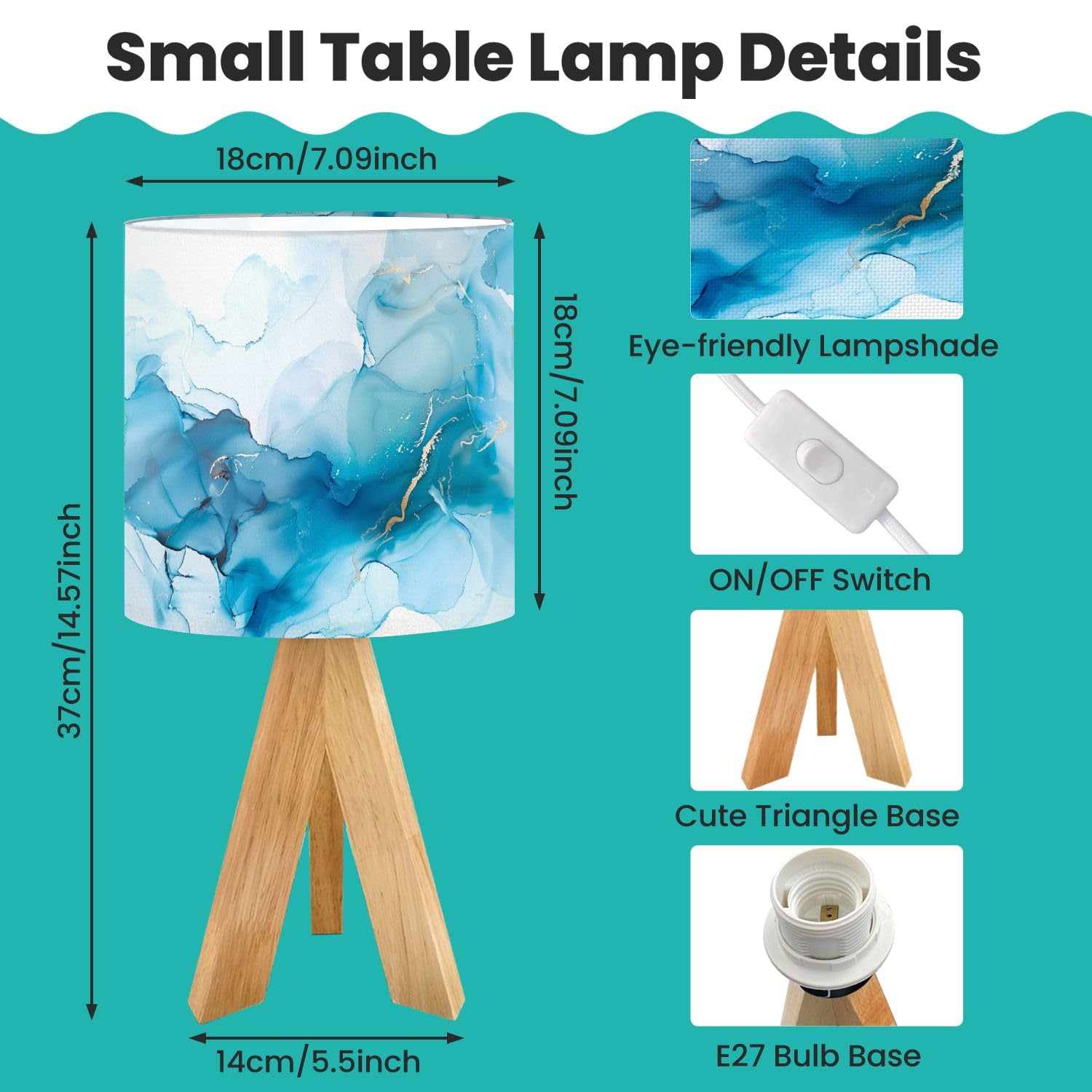 Oepwqiwepz Tripod Bedside Desk Table Lamp Cyan Blue Liquid Watercolor Golden Stains Teal Turquoise Marble Wood Nightstand Lamp With Linen Fabric Shade For Nursery Bedroom Living Room Kids Room