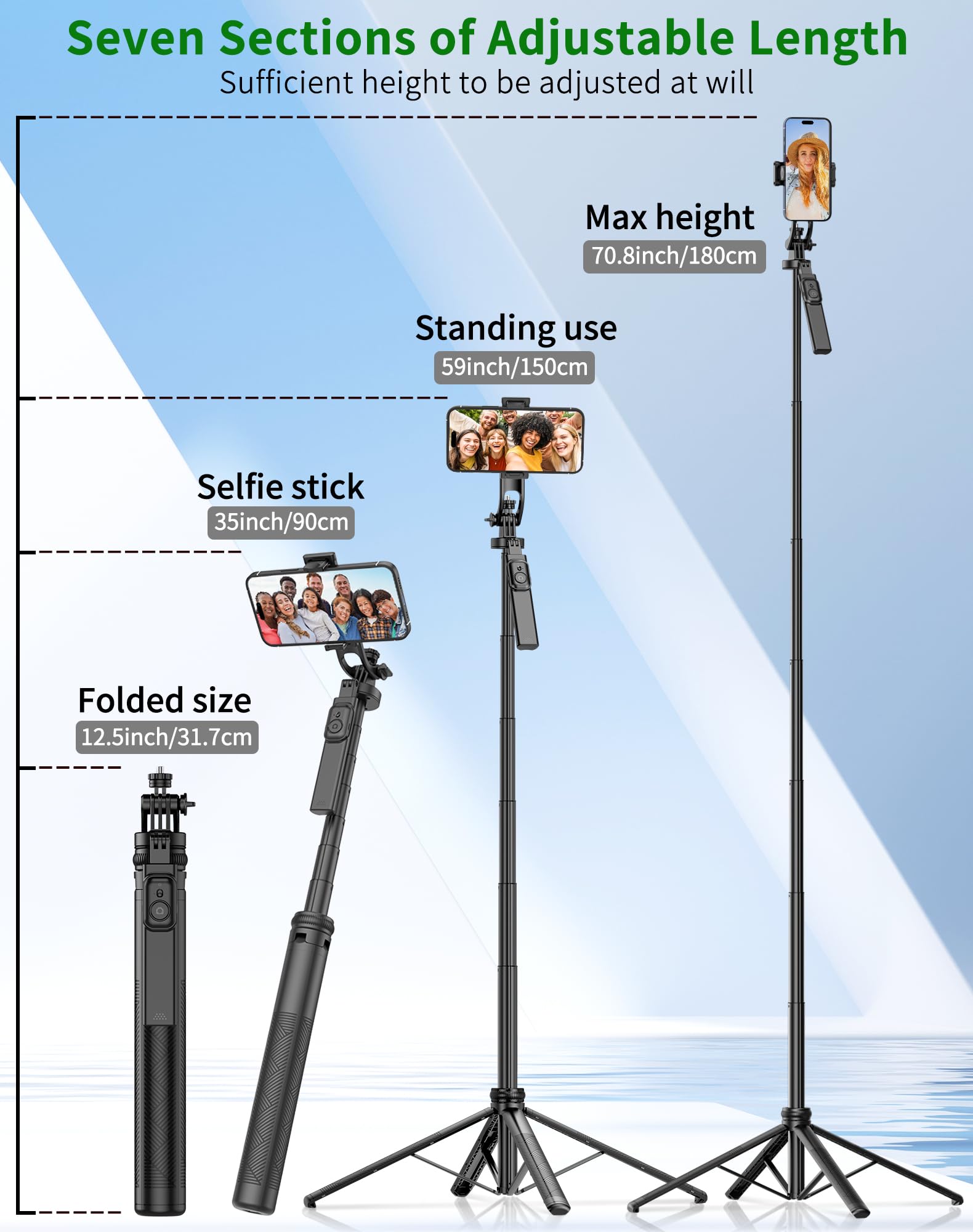 Povodo 71" Cell Phone Tripod & Selfie Stick, For Iphone Tripo D Stand, Travel Tripod With Remote, Phone Selfie Stick For Iphone 11/14/ 15/16 Compatible With All Phones,For Gopro And Cameras