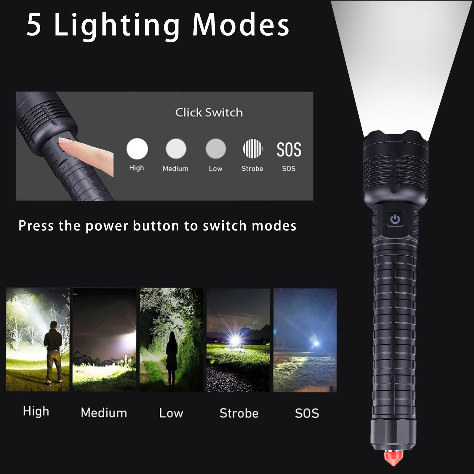 Helmut Rechargeable Led Flashlights 12000 Lumens Flashlight 9.3In Handheld Flashlights Ip44 Waterproof Zoomable 5 Modes Waterproof Flash Lights For Emergency, Outdoor, Home, Camping, Hiking(Battery )