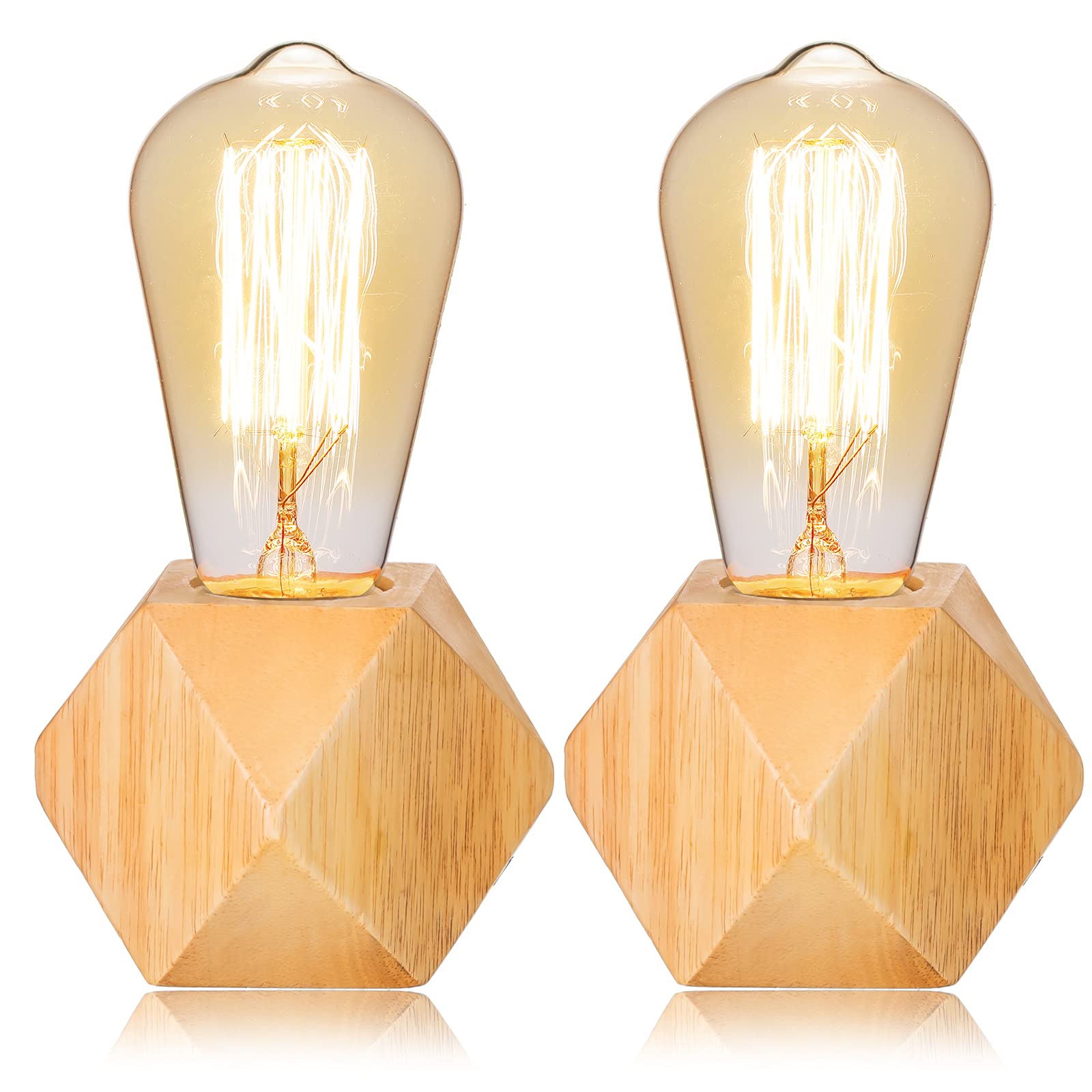 Riakrum 2 Pieces Industrial Wooden Lamp Base E26/ E27 Vintage Desk Lamp With Switch Plug Wood Small Lamp Base Polygon Industrial Night Light Boho Decor For Living Room Bedroom (No Bulb)