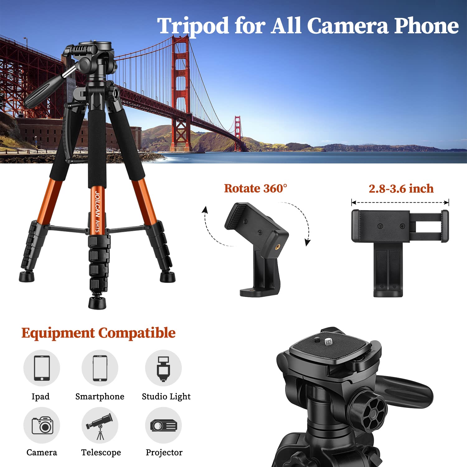 Joilcan Tripod Camera Tripods, 74" Tripod For Camera Cell Phone Video Photography, Heavy Duty Tall Cameras Tripod Stand, Professional Travel Dslr Tripods Compatible With Canon Iphone, Max Load 15 Lb