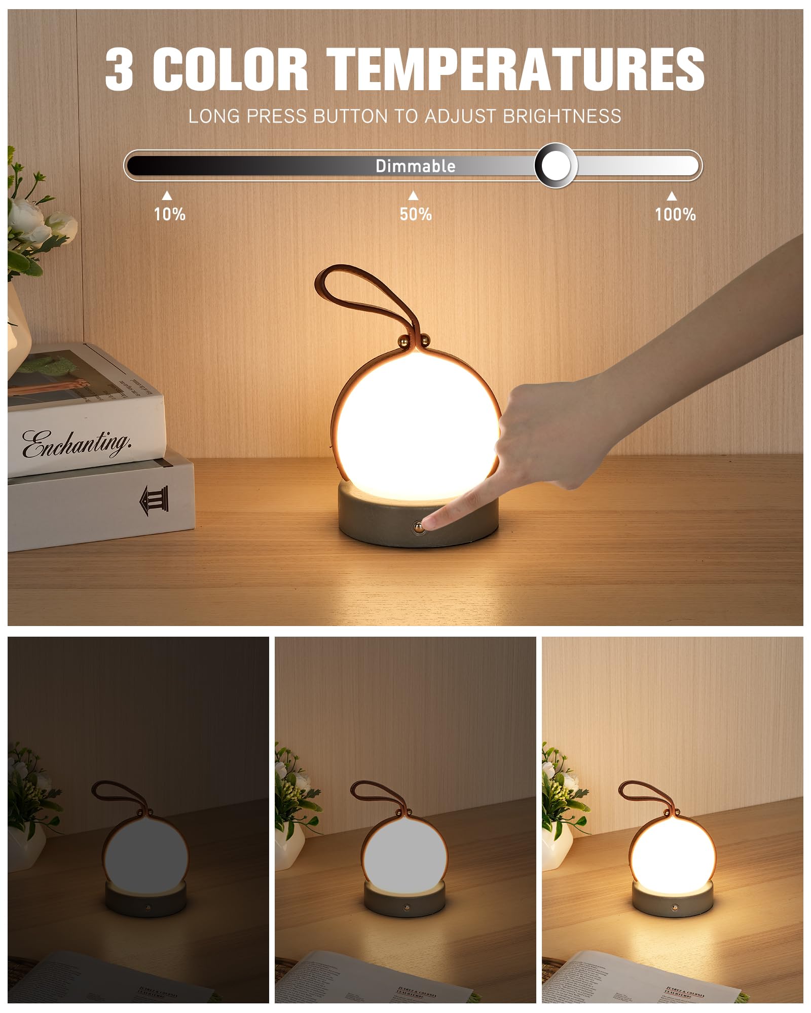 Faithorse Portable Touch Night Light For Bedroom - Rechargeable Cordless Lamp With 3 Color Modes, Dimmable Led Table Lamp For Kids, Camping, Nursery(Grey)