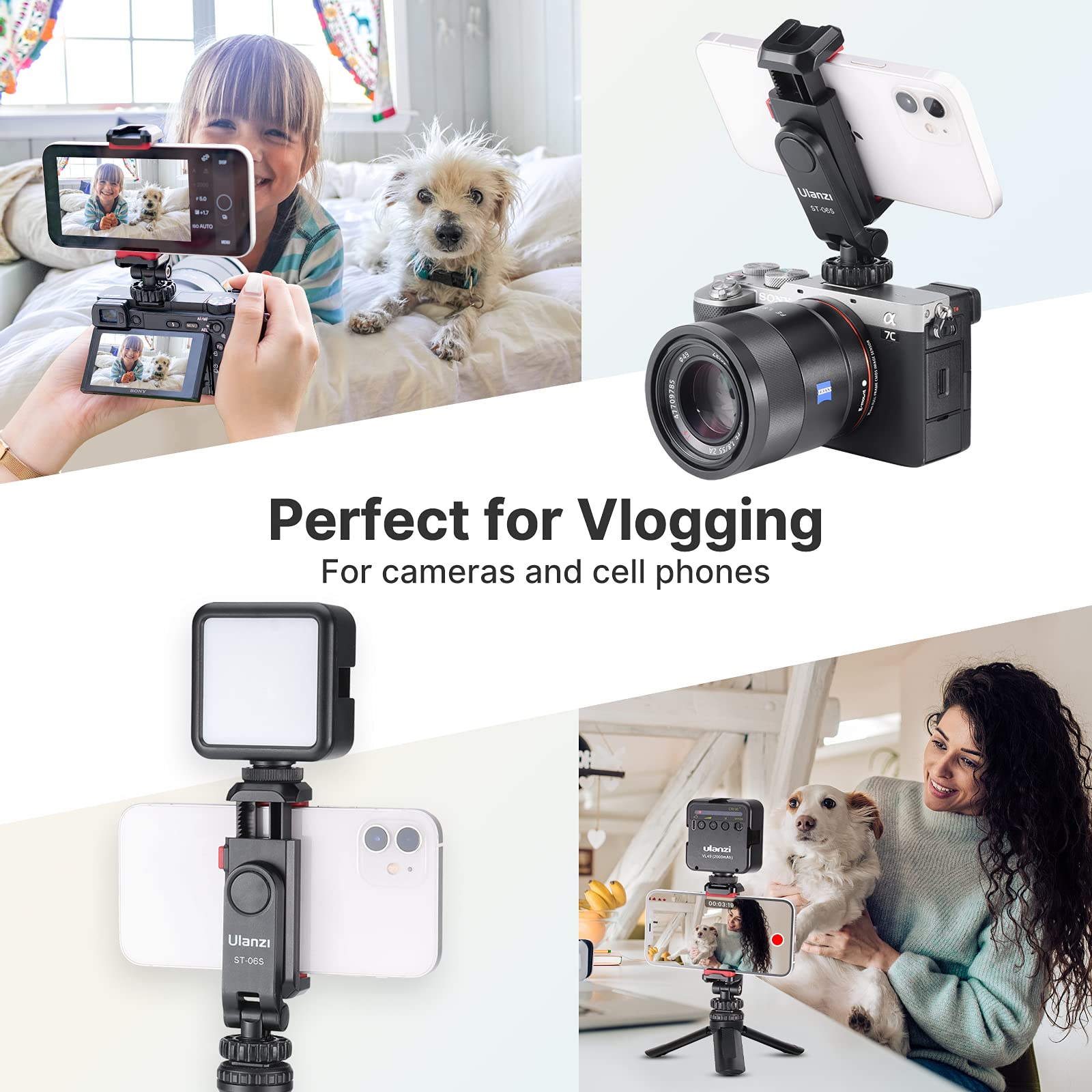 Ulanzi St-06S Phone Tripod Mount, Universal Smartphone Mount Adapter With 2 Cold Shoe, 360° Rotates Adjustable Cell Phone Clip Clamp Holder, Compatible With Iphone, Samsung Galaxy And All Phones