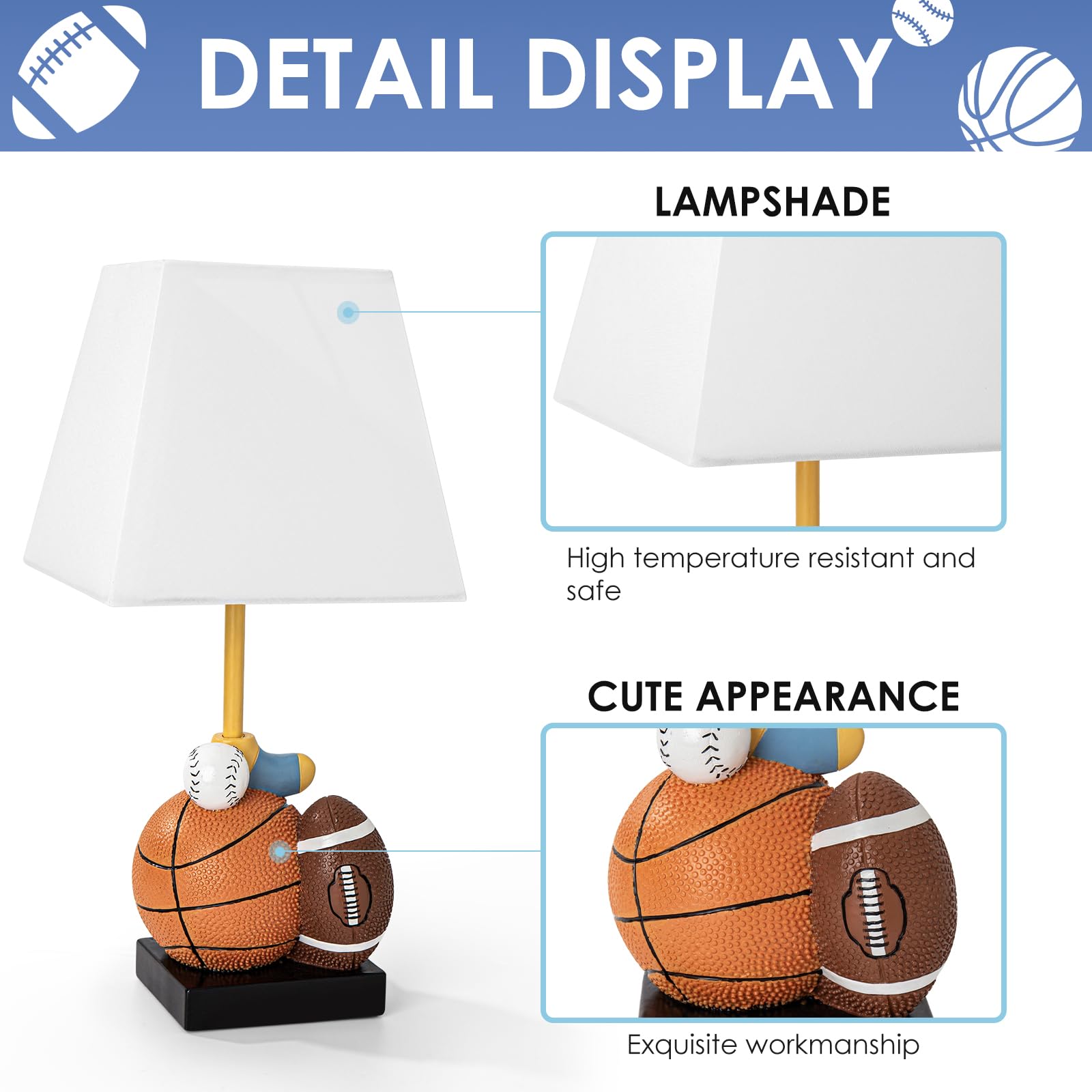 Herbestbay Kids Table Lamp, 14-Inch Bedside Lamp Adorable Football, Basketball, Hockey, And Baseball Design With Cute Shade - Ideal For Bedroom Decor, Includes Led Bulb