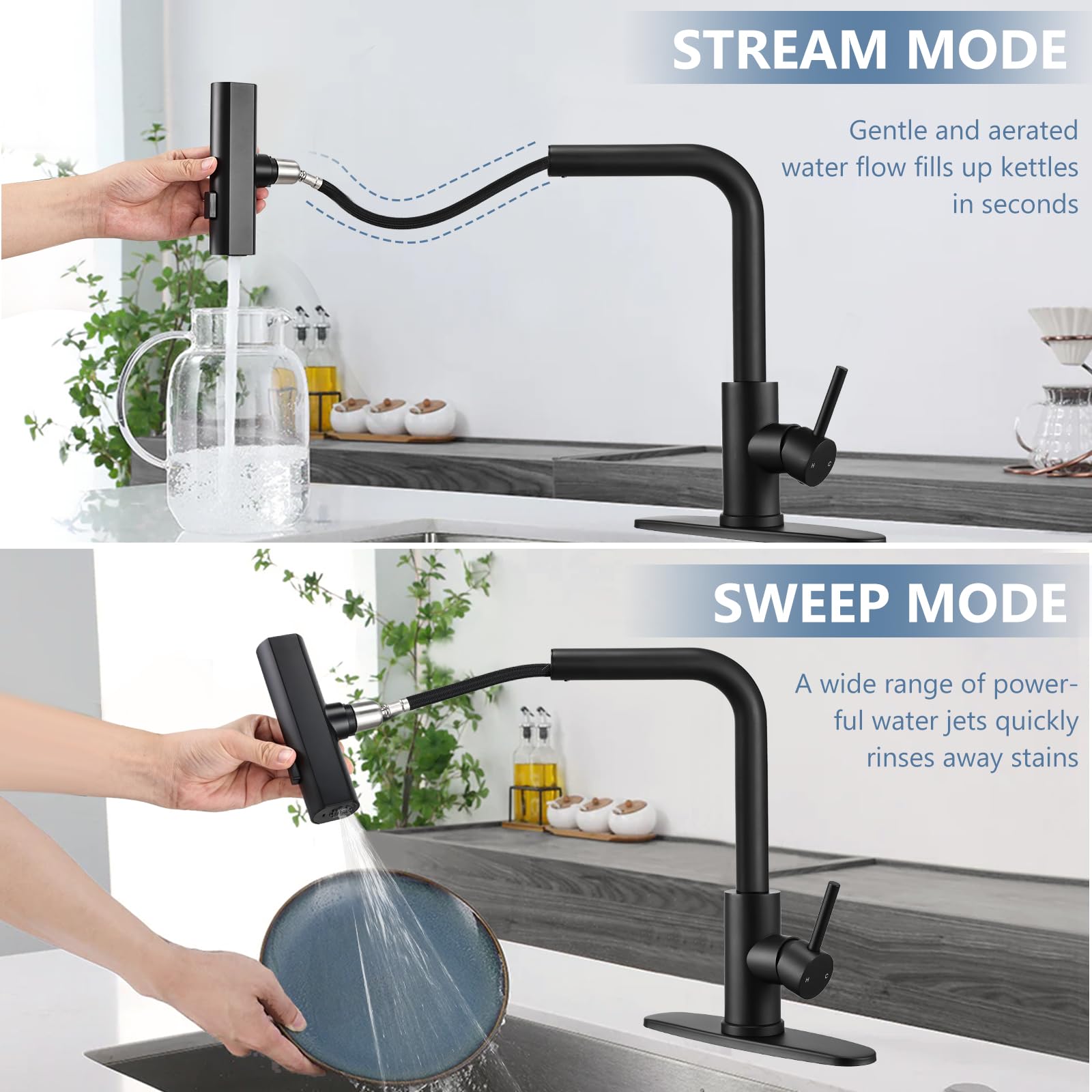 Peppermint Black Kitchen Faucet With Pull Down Sprayer Waterfall Kitchen Sink Faucet Stainless Steel Rv Matte Black Kitchen Faucets Single Handle Faucets For Kitchen Sink 1 Or 3 Hole 360° Rotatable