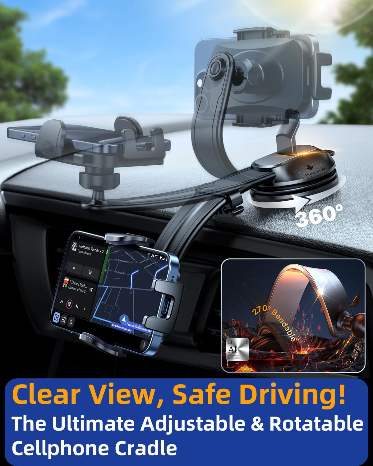Yru [ Ultimate Car Phone Holder Mount [Bendable & Adjustable Aluminum Arm] Cell Phone Holder For Car Dashboard Windshield Phone Stand For Iphone 16 15 14 13 Pro Max Samsung Pickup Truck, Black
