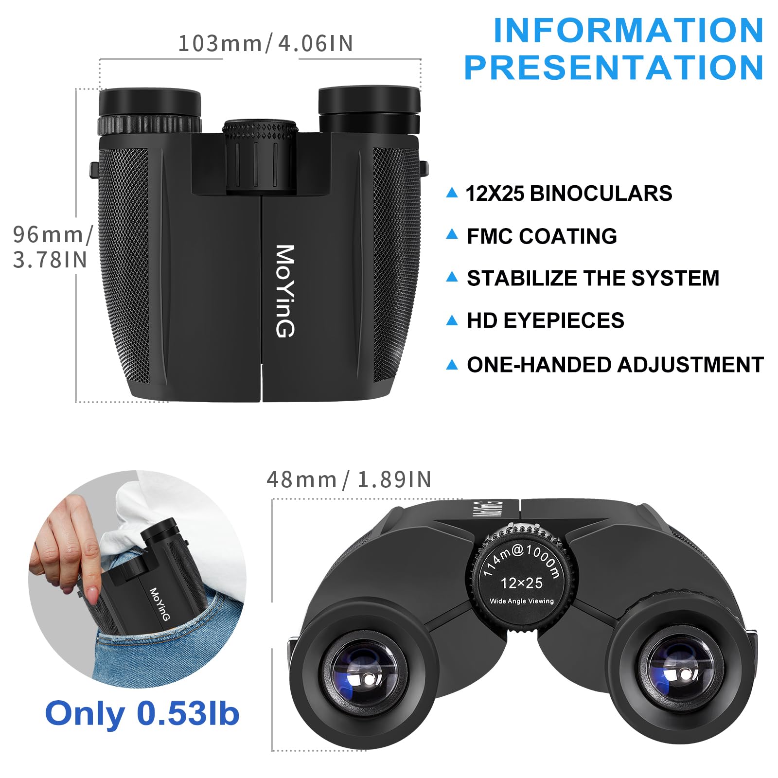 Moying 12X25 Compact Binoculars For Adults And Kids, Waterproof Binocular With Low Light Vision,High Powered Precise Focus Binoculars For Bird Watching,Outdoor Hunting,Travel,Sightseeing,With Bak4 Prism Fmc