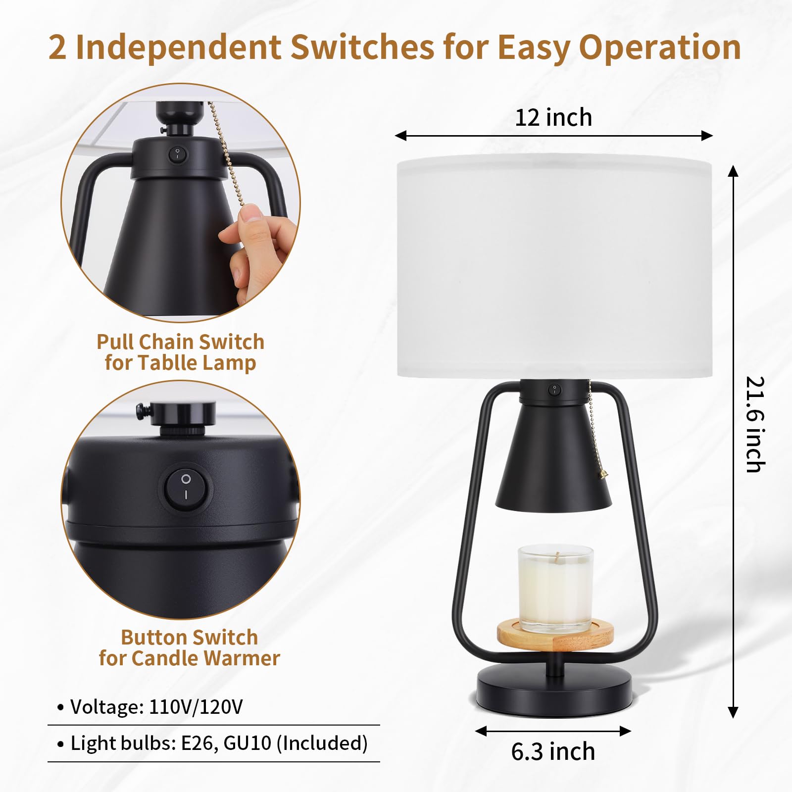 Riceears 21In Table Lamp With Candle Warmer 2 Bulbs, 2 Independent Switches, Large Table Lamp For Nightstand Bedroom Living Room Bed Side, E26 & Gu10 Bulbs Included