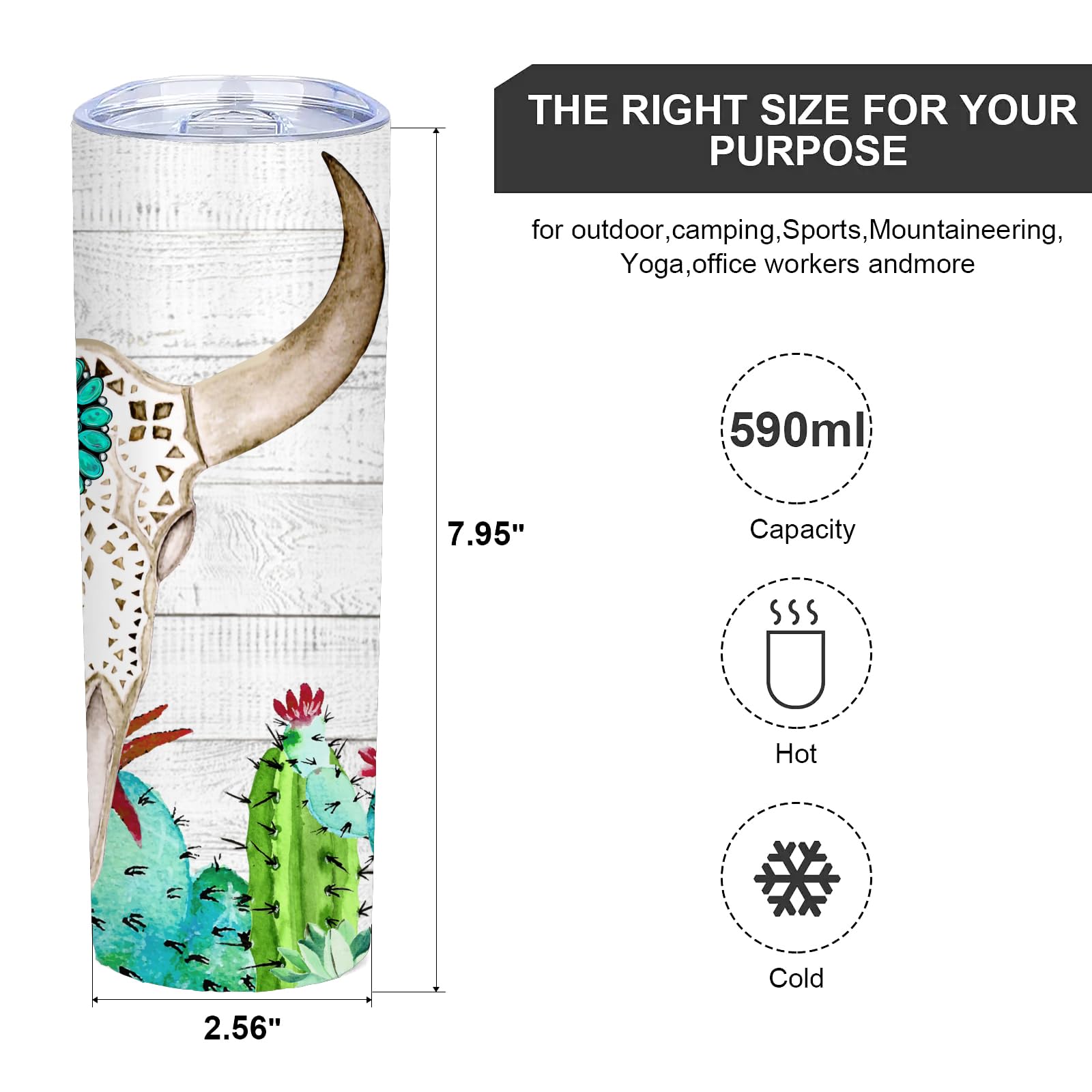 Cactus Western Cow Skinny Tumbler 20 Oz - Cow Water Bottle - Cow Stainless Steel Vacuum Insulated