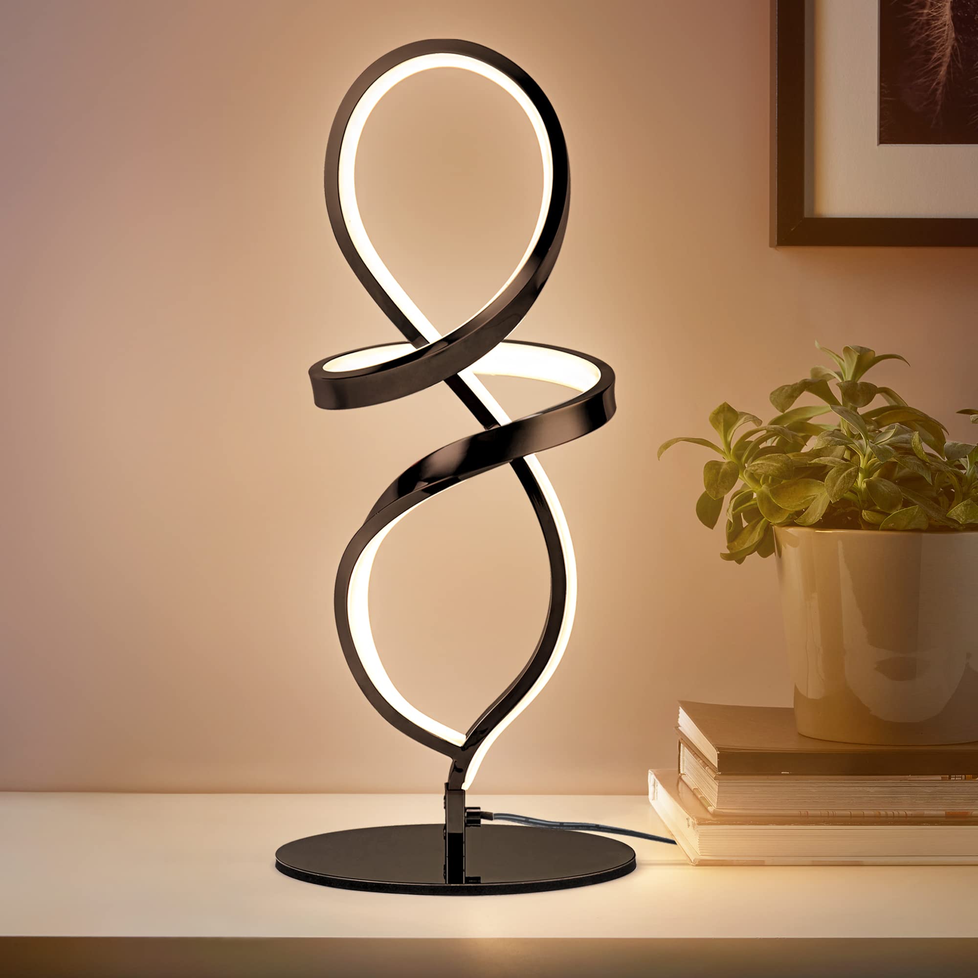 Mayful Modern Table Lamp With Led Spiral Design, Bedside Lamp With Stepless Dimming Switch, Contemporary Nightstand & Black Table Lamp For Bedroom, Living Room, Home Office, 12W 3200K Warm White