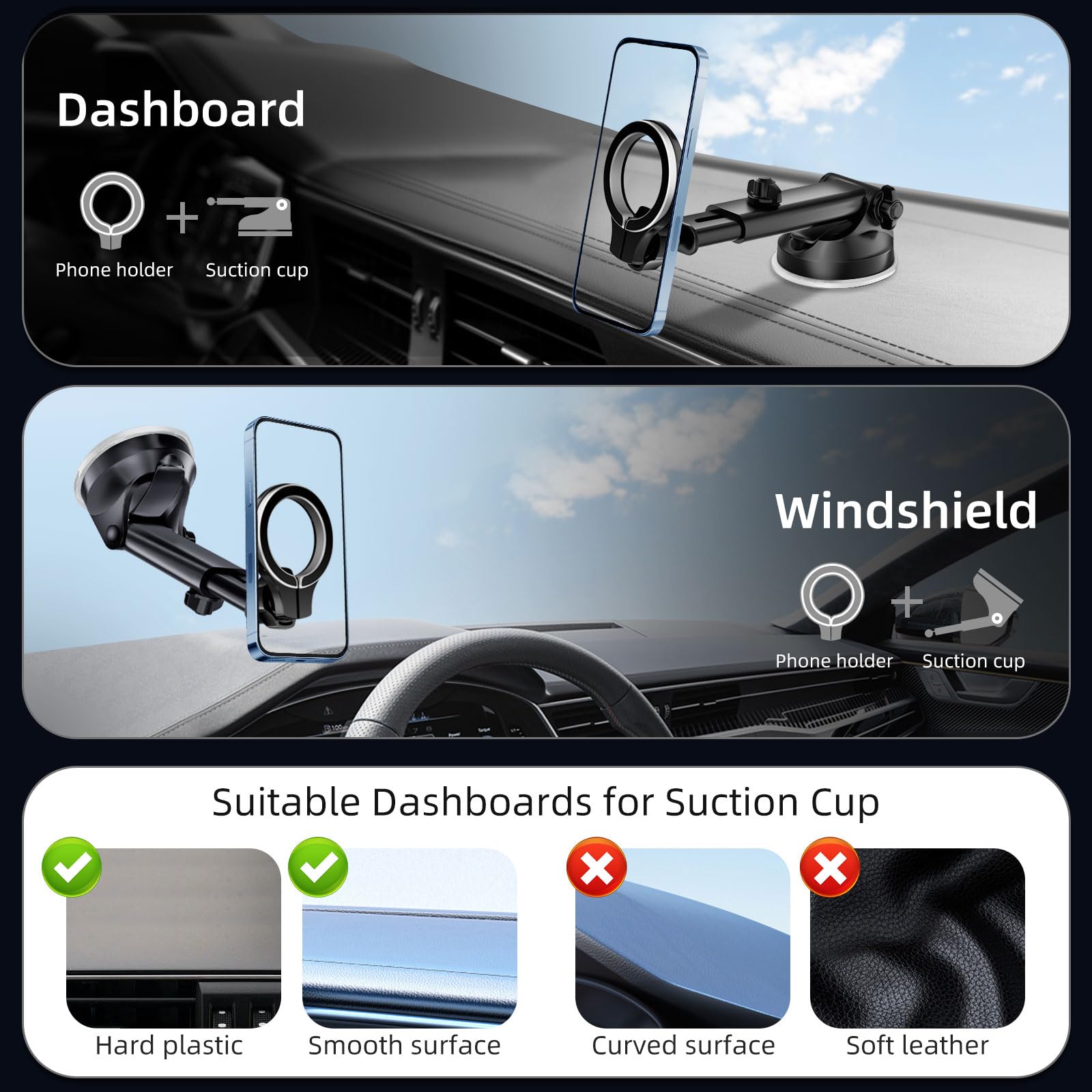 Pop-Tech For Magsafe Car Mount, [Aviation-Grade Aluminum] Universal Magnetic Phone Holder For Car Windshield Dashboard, Strong Magnet Cellphone Mount Fit For Iphone 16 Pro Max 15 14 13 12 Series