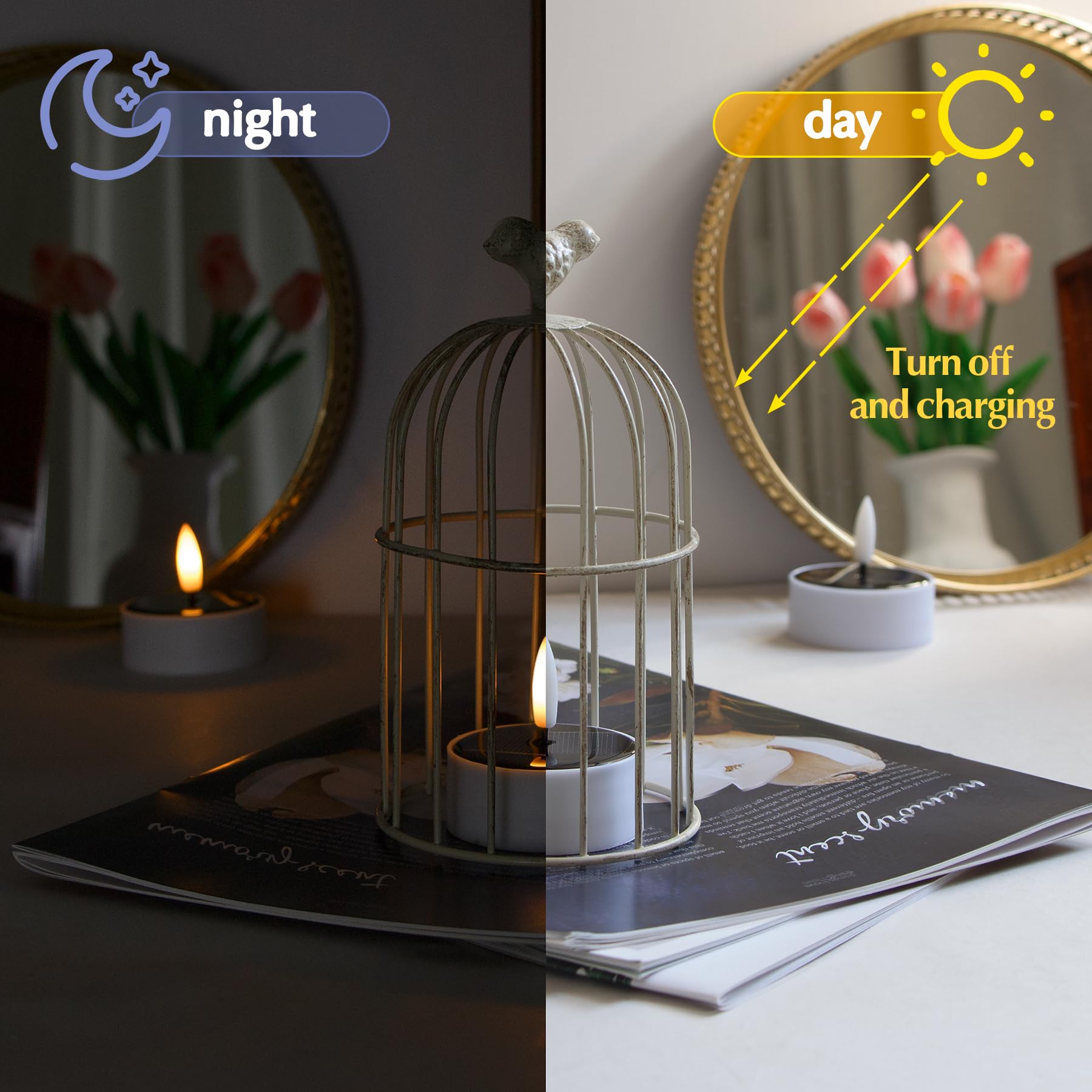 Zevanor Solar Waterproof Flameless Led Tea Light Candles With Cycle Timer, 4Pcs 2.3 Inch Battery Operated Flickering Dusk To Dawn Outdoor Fake Tealight Votive Candles For Outdoor Use