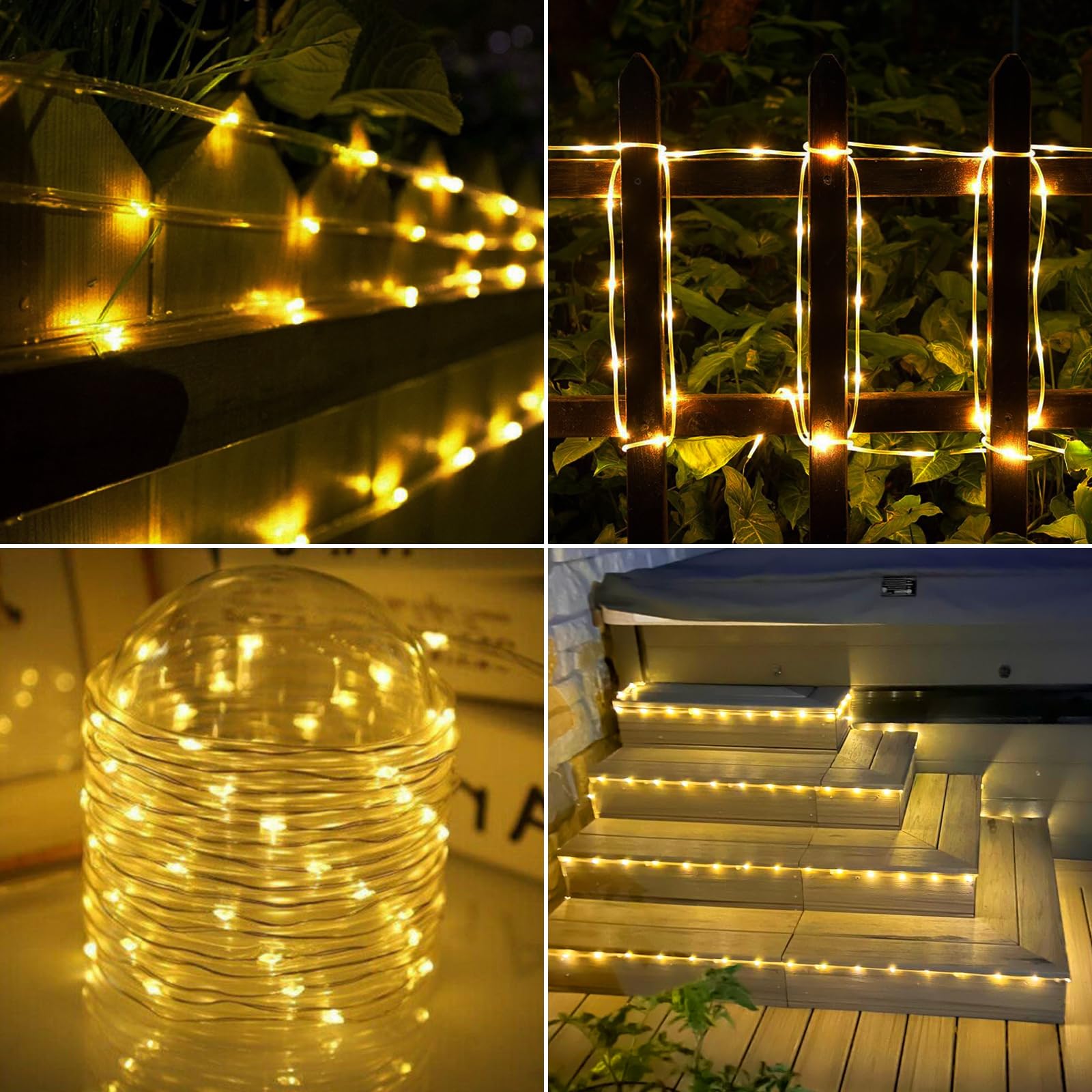 Jnaurb Solar Rope Lights, 66Ft 200Led Solar String Lights, 8 Modes Waterproof Solar Powered Outdoor Light, Flexible Clear Tube Light For Garden, Backyard, Patio, Deck, Porch, Pool, Tree Decor - Warm White