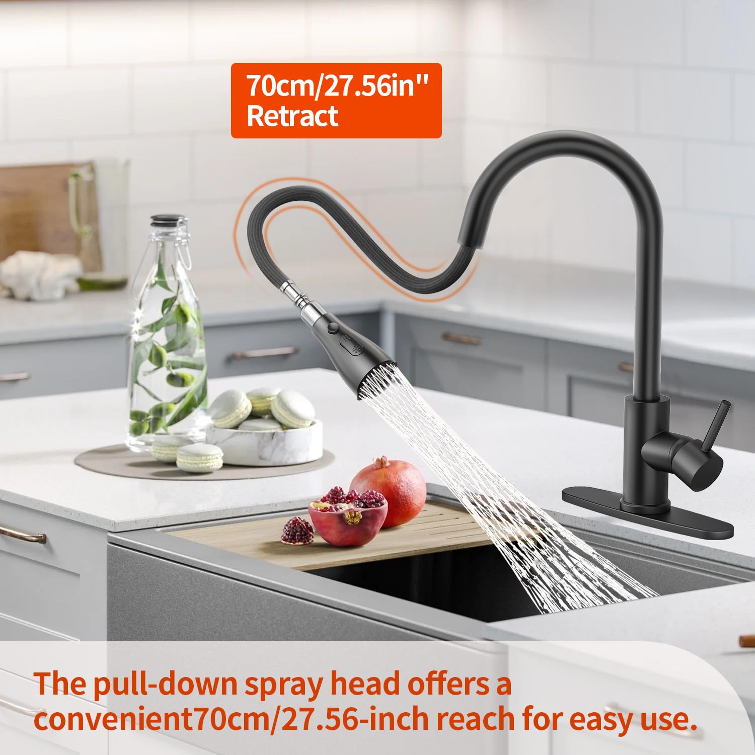 Oersitor Kitchen Faucet With Pull Down Sprayer，Stainless Steel Single Handle Kitchen Faucet，Multiple Modes Switch Water,1/3 Hole, Deck Plate Included (Black)