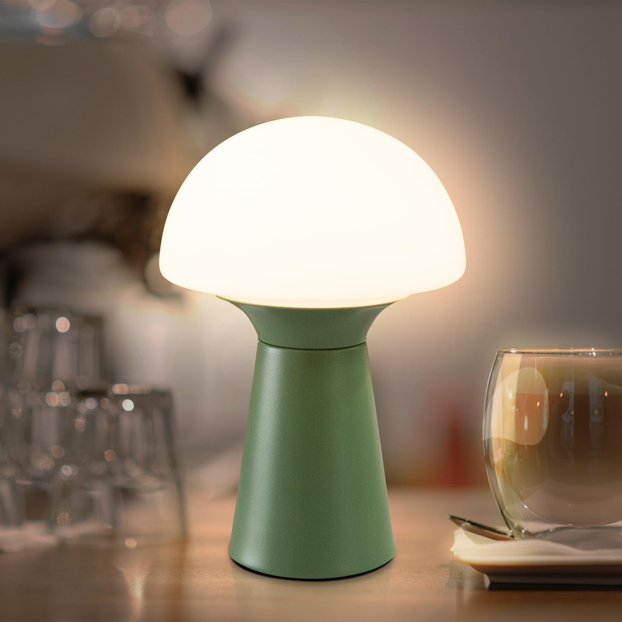 Lusharbor Mushroom Table Lamp, Battery Operated Lamp With Timer Small Portable Lamp Cordless Battery Powered Bedside Lamp Wireless Table Light For Bedroom Camping Kitchen (Green)