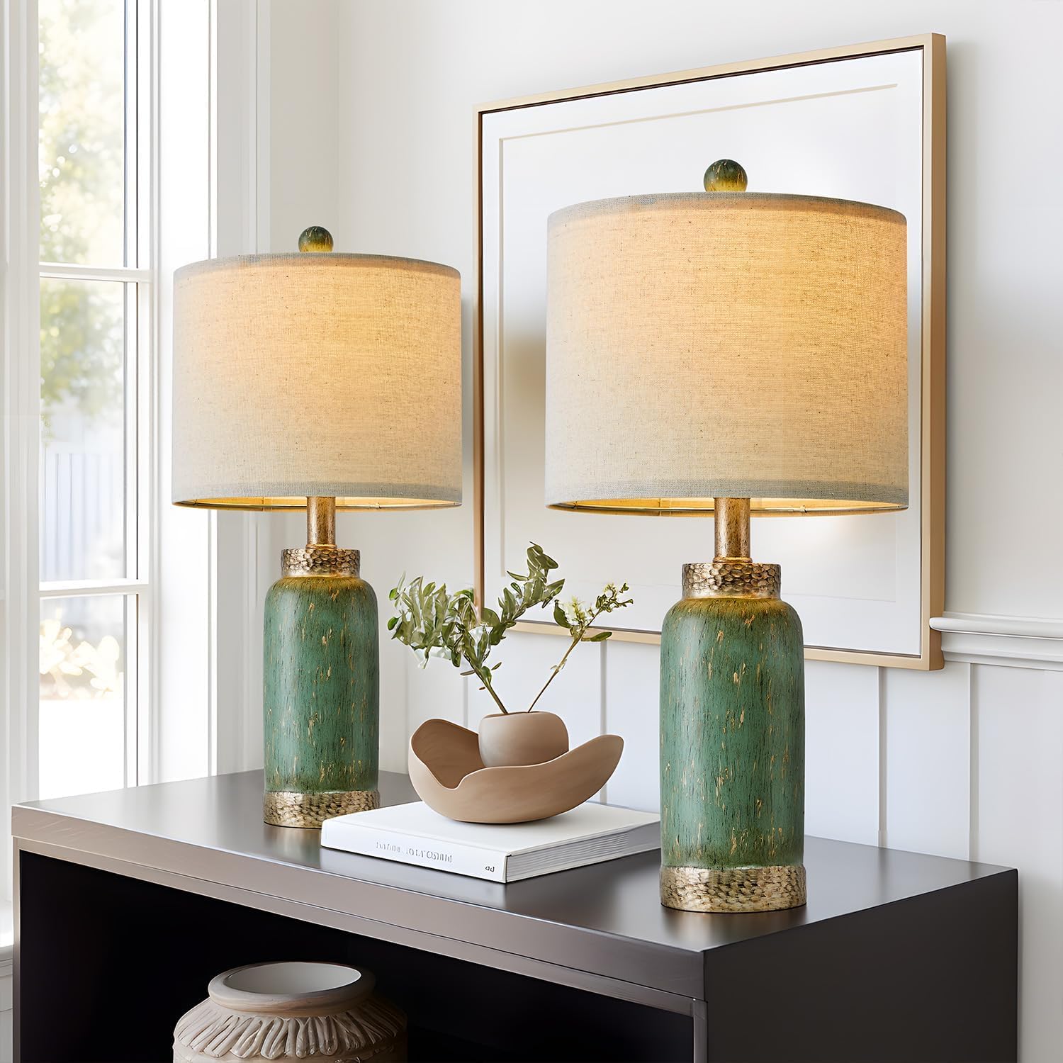 G-Safava 20.25" Table Lamps Set Of 2 Small Table Lamp For Bedroom Living Room Green Lamp Farmhouse Lamp Vintage Rustic Boho Bedside Lamps Mid Century Side Table Nightstand Lamp Home Office Retro Deco