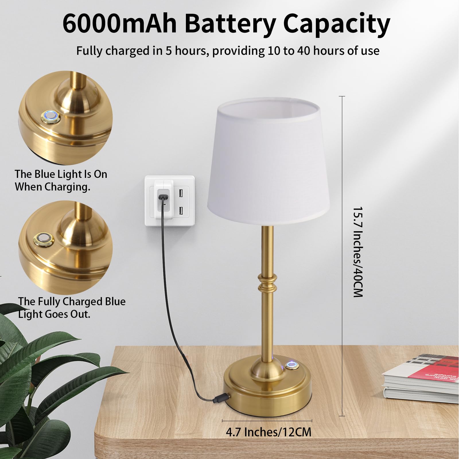 Pinrutar Portable Cordless Table Lamp, Usb Rechargeable 6000Mah Battery Operated Lamps With Flaxen Fabric Shade, 3000K Led Touch Dimmable Bedside Lamp, Small Night Light, Gold Brass