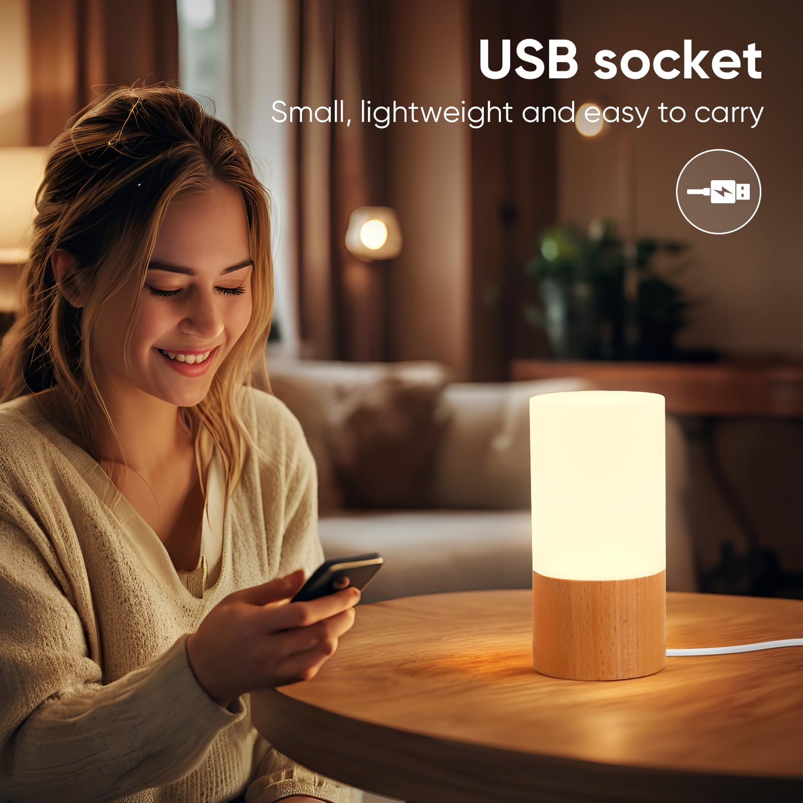 Lonrisway Small Led Wood Table Lamp, Bedroom Bedside Night Light, Dimmable Led Lighting, Creative Home Decor Unique House Natural Beech Warmging