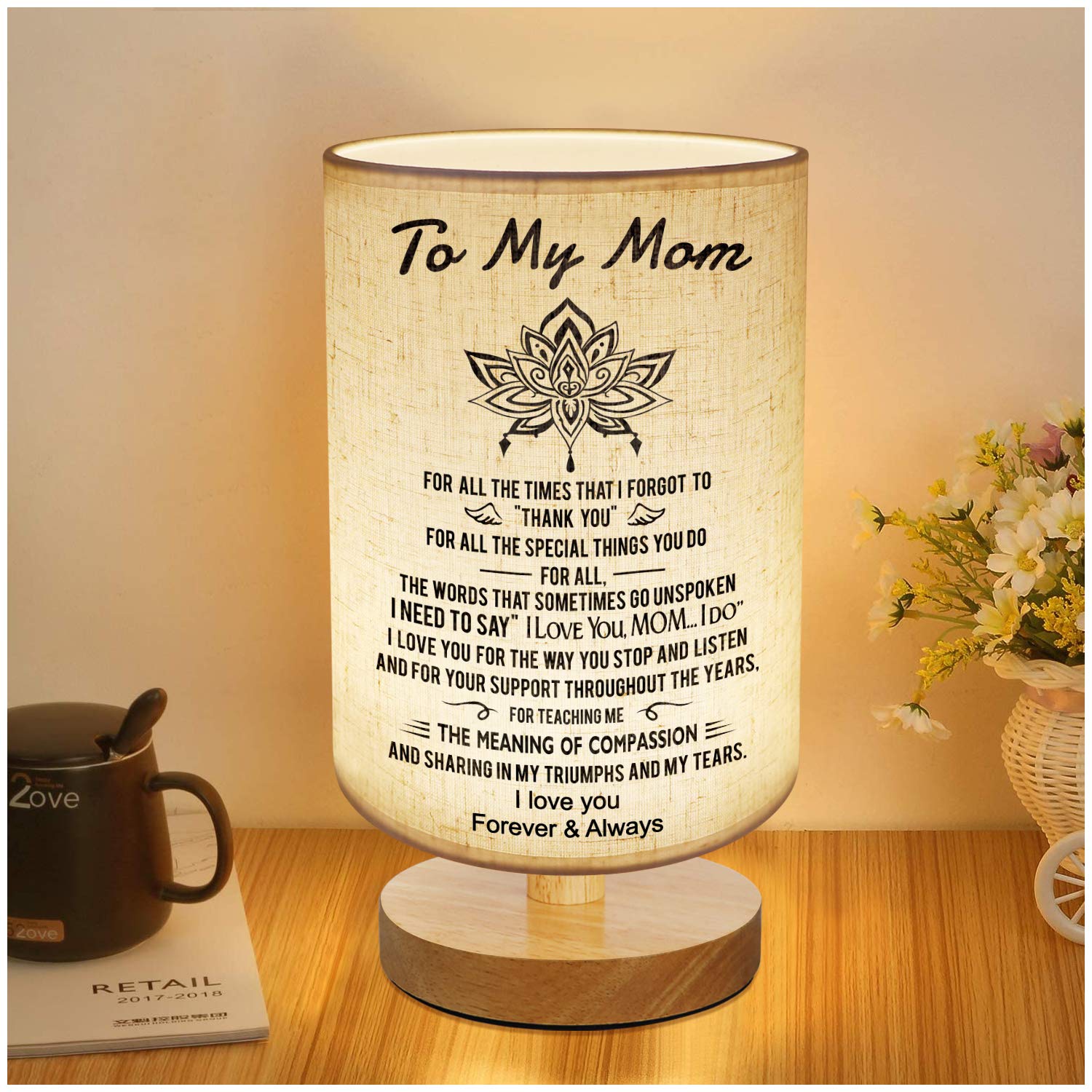 Kenon To My Mom Mother Day Birthday - Engraved Table Lamp, Dimmable Bedside Nightstand Lamp, Fabric Desk Lamp Shade Simple Night Light For Bedroom Living Room Office - Best Anniversary Christmas