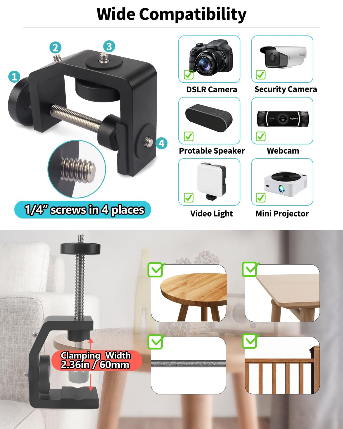Jebutu Universal C-Clamp With 1/4 Screw Rubber 360°Rotatable Ball Head Camera Mount Adapter For Tripod Monopod Desk Mount Holder Lcd Monitor Flash Cart Bench Worktable Light Stand Rod Hook Shelves Cross Bar