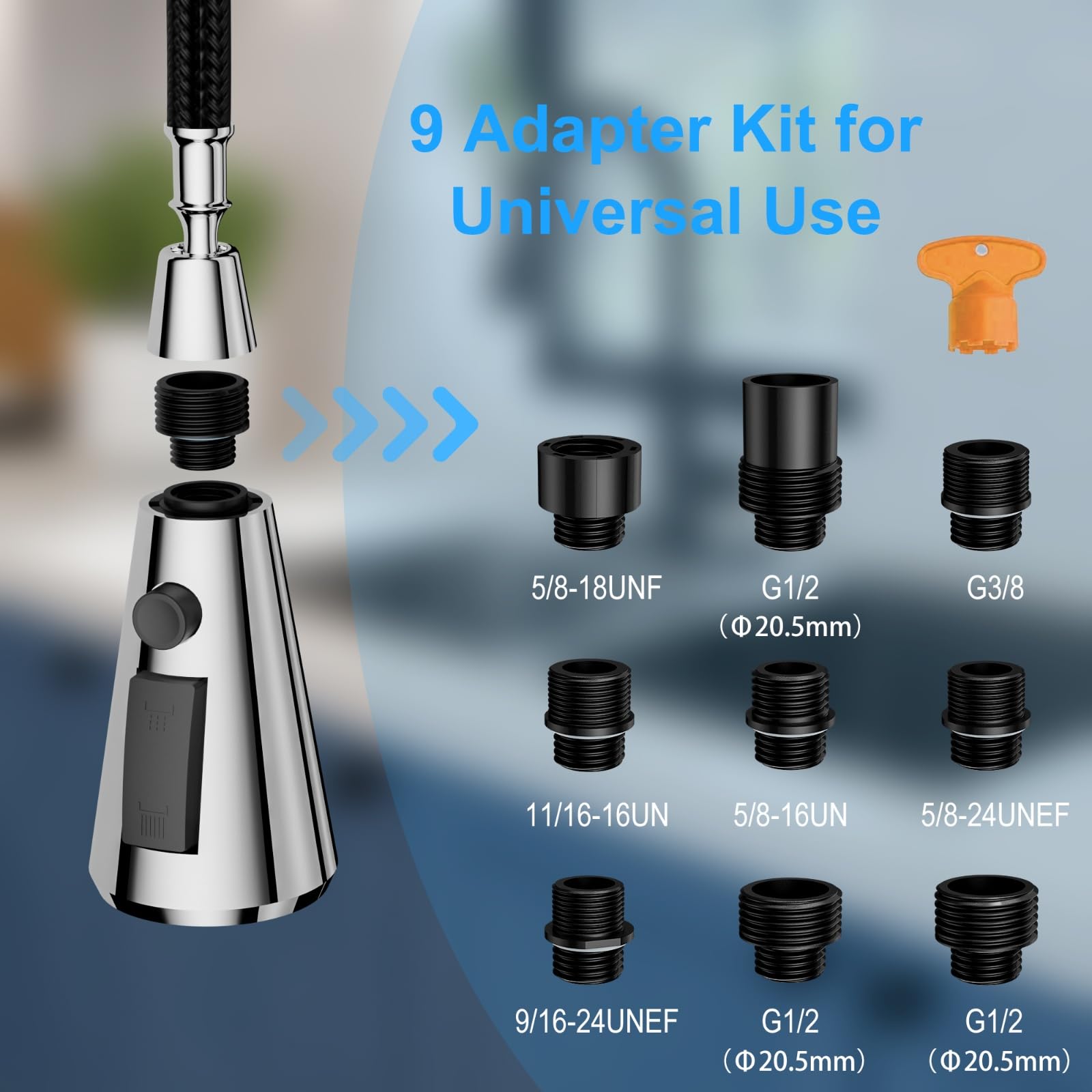 St.Thomas Sanitech St.Thomas Pull Down Kitchen Faucet Sprayer Head Replacement Part,3-Function Kitchen Sink Faucet Head With 9 Adapters,For Moen, Kohler,Delta & American Standard Faucet Extender