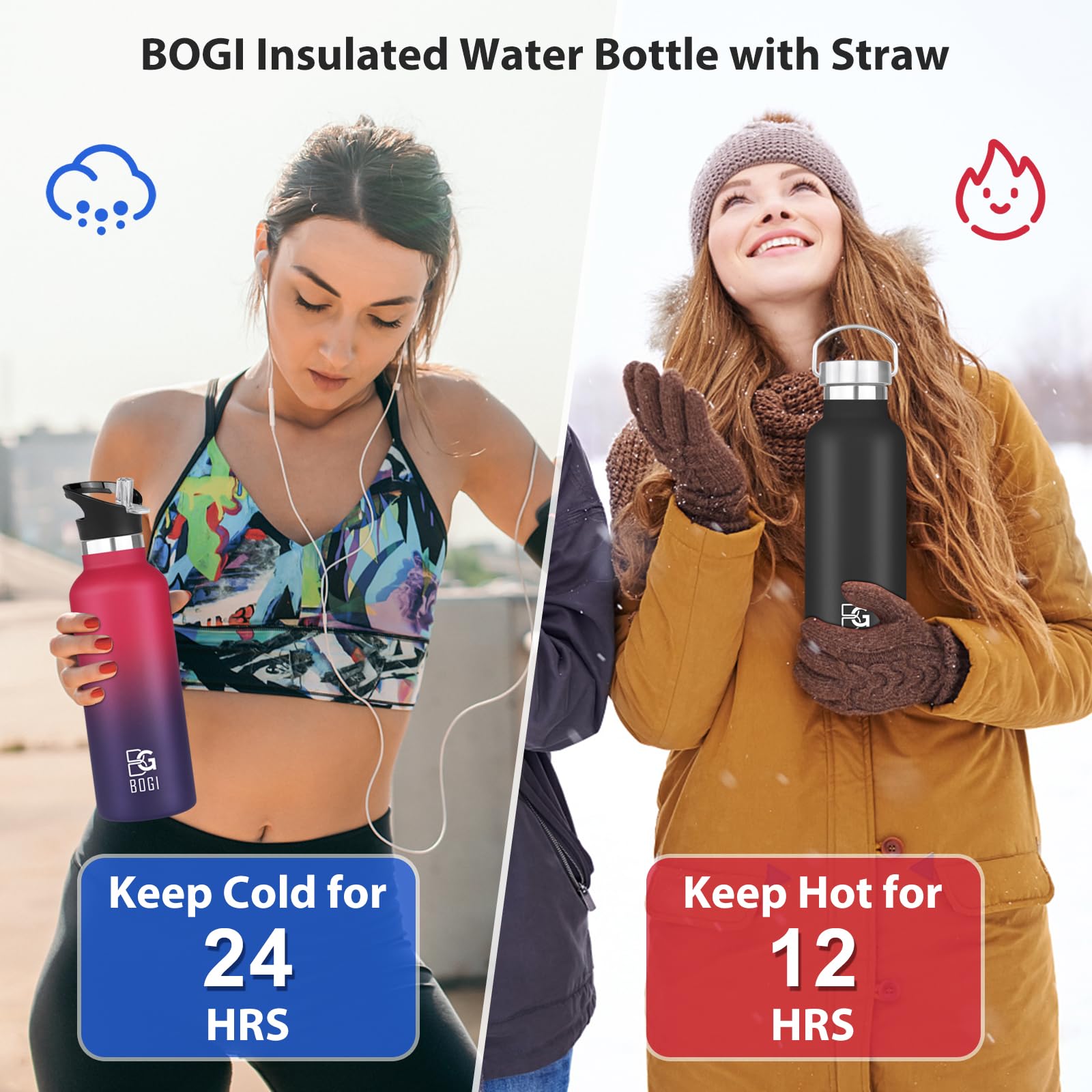 Bogi Insulated Water Bottle 24Oz, Wide Mouth Stainless Steel Water Bottles Leakproof Metal Water