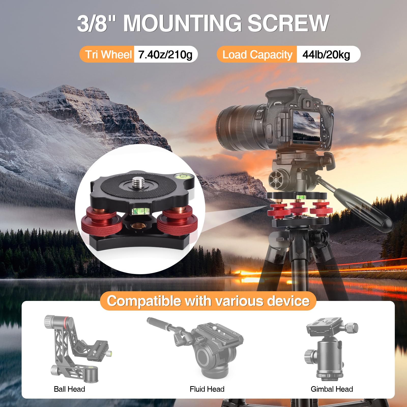 Yqlbgprj Tripod Leveling Base,Camera Head Leveler,3/8”Thread,+/-5°Precise Angle Adjustment,Aircraft-Grade Aluminum Alloy 3Axis Tri Wheel Head,For Macro Panoramic Head,Lp64
