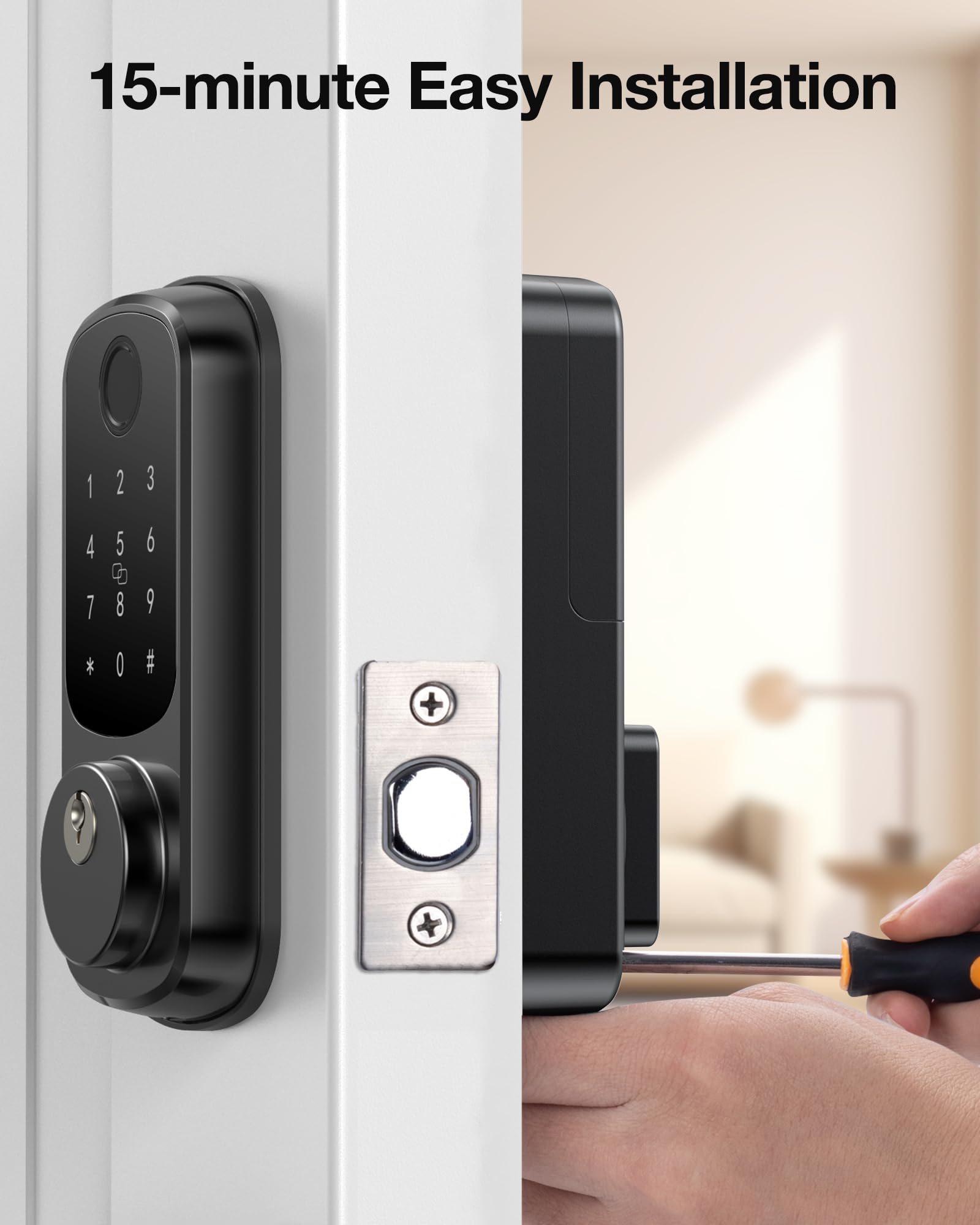 Sohoteco Smart Fingerprint Door Lock, Keyless Entry Door Lock With Security Smart Deadbolt And Touchscreen Keypad, App Control, Auto Lock, Easy Installation, Black
