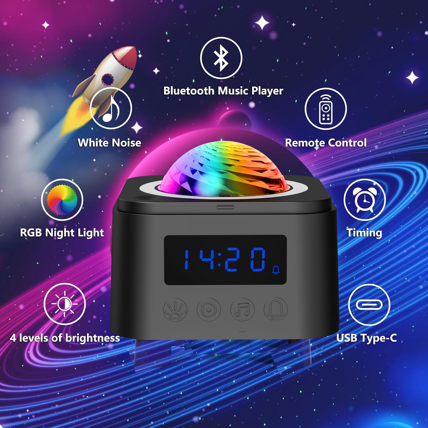 Mrscoz Galaxy Star Projector With Bluetooth Speaker & Digital Clock - 3-In-1 Night Light With Time Projection, Auto Timer For Gaming Room, Bedroom, Home Theater, Ceiling Decor,Black