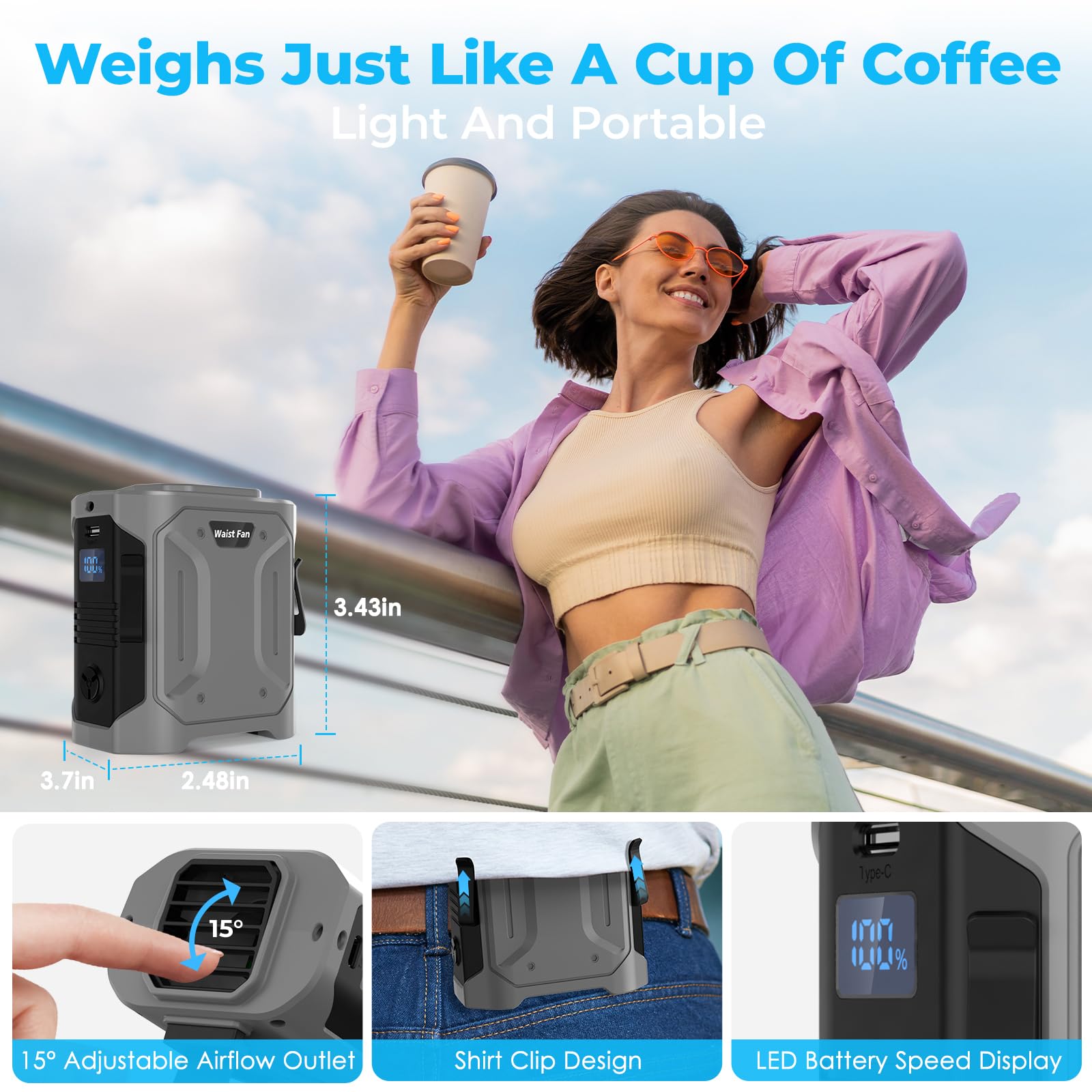 Portable Waist Fan Clip-On 10000Mah: Belt Neck Personal Fan Rechargeable 5 Speeds & Led Sos Light