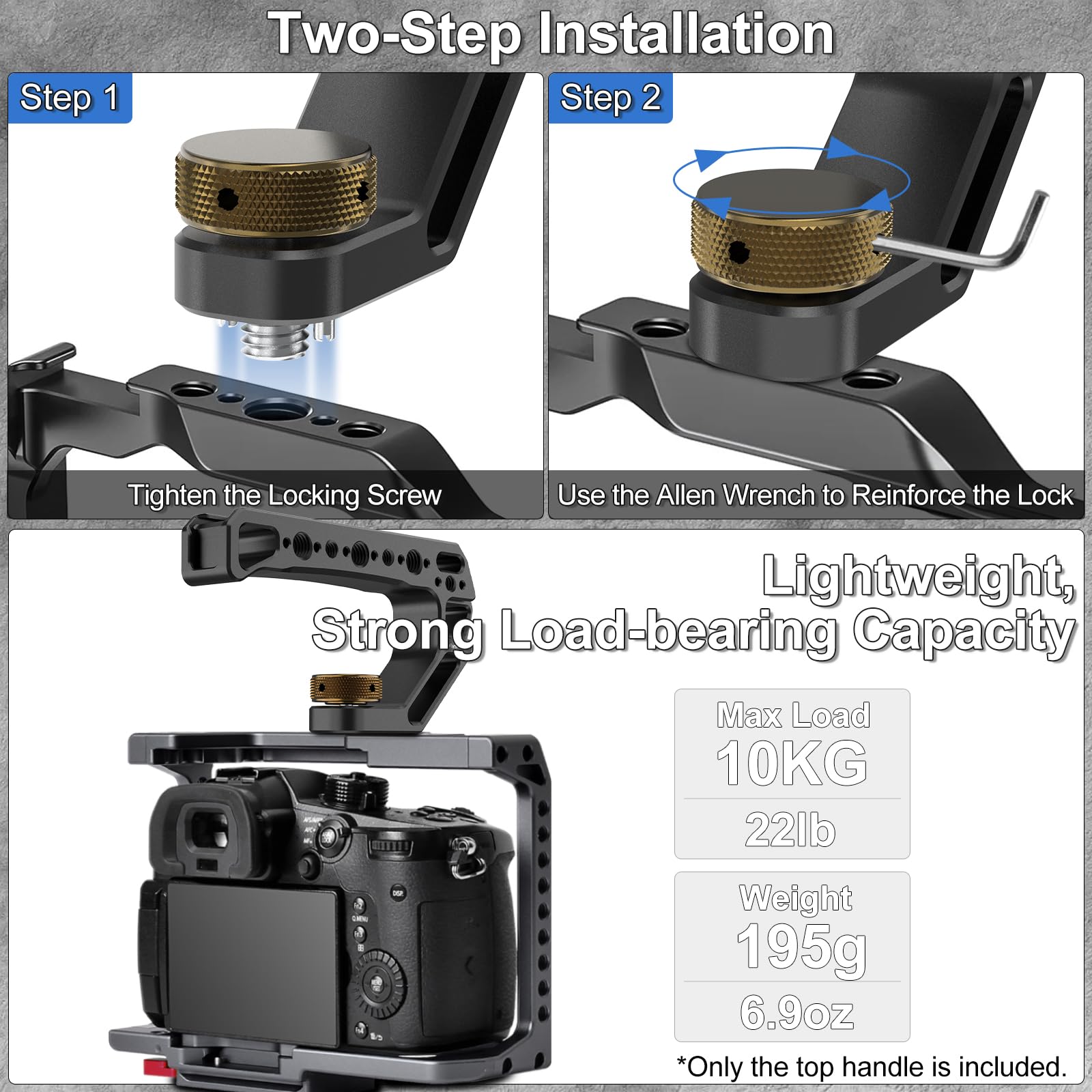 Minifocus Camera Top Handle With 3/8"-16 Locating Pins For Arri Grip For Camera Cage, Universal Top Handgrip With 5 Cold Shoe Adapters, Ergonomic Design, 1/4" And 3/8" Threads With Microphone/Led Light/Monitor