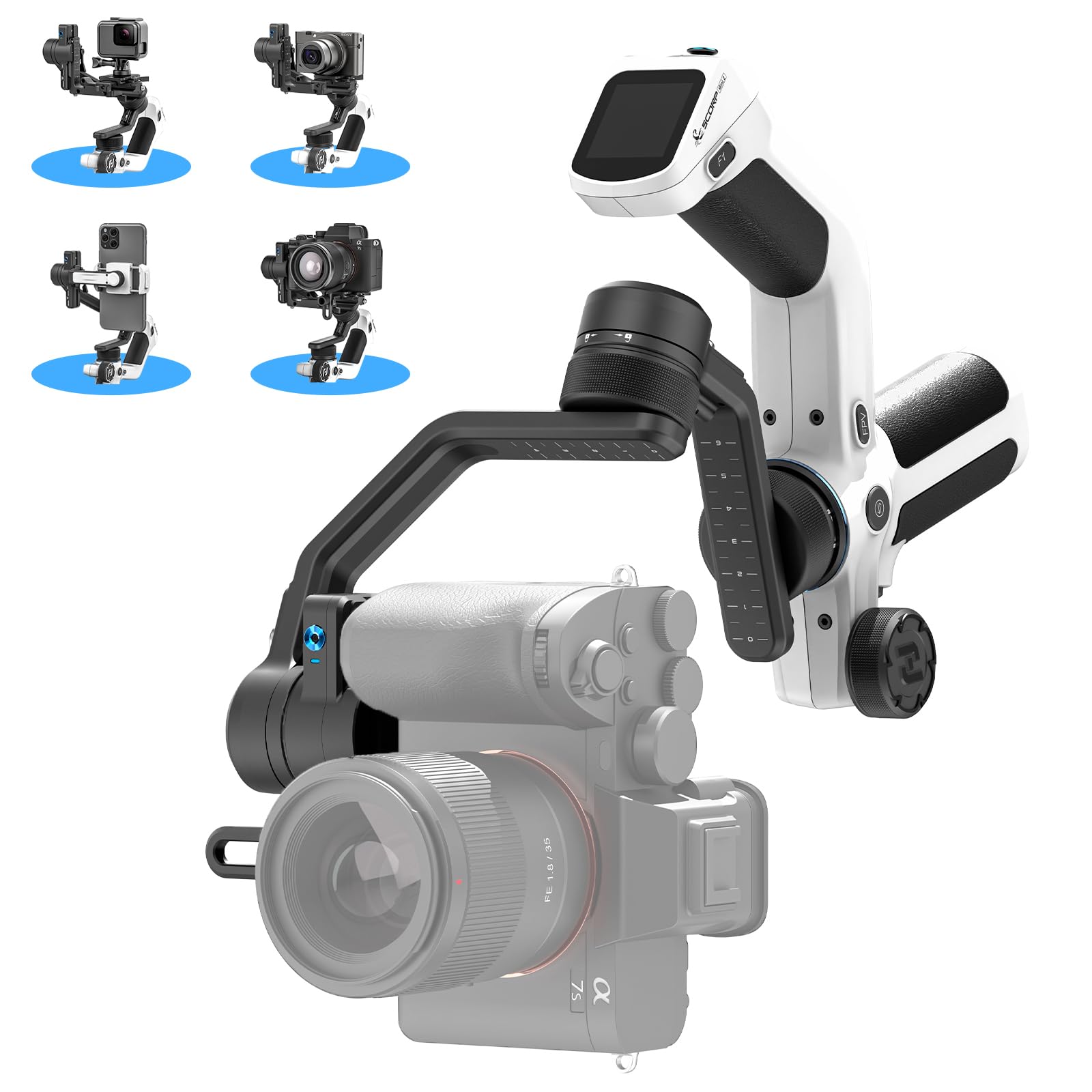 Feiyutech Feiyu Scorp Mini-2 All-In-1 Gimbal Stabilizer Mirrorless Cameras, Action Camera And Smartphones. Built In Ai Facial Tracking Sensor  Gesture Control  Dual-Handle Grip  Payload 2.65 Lbs - White