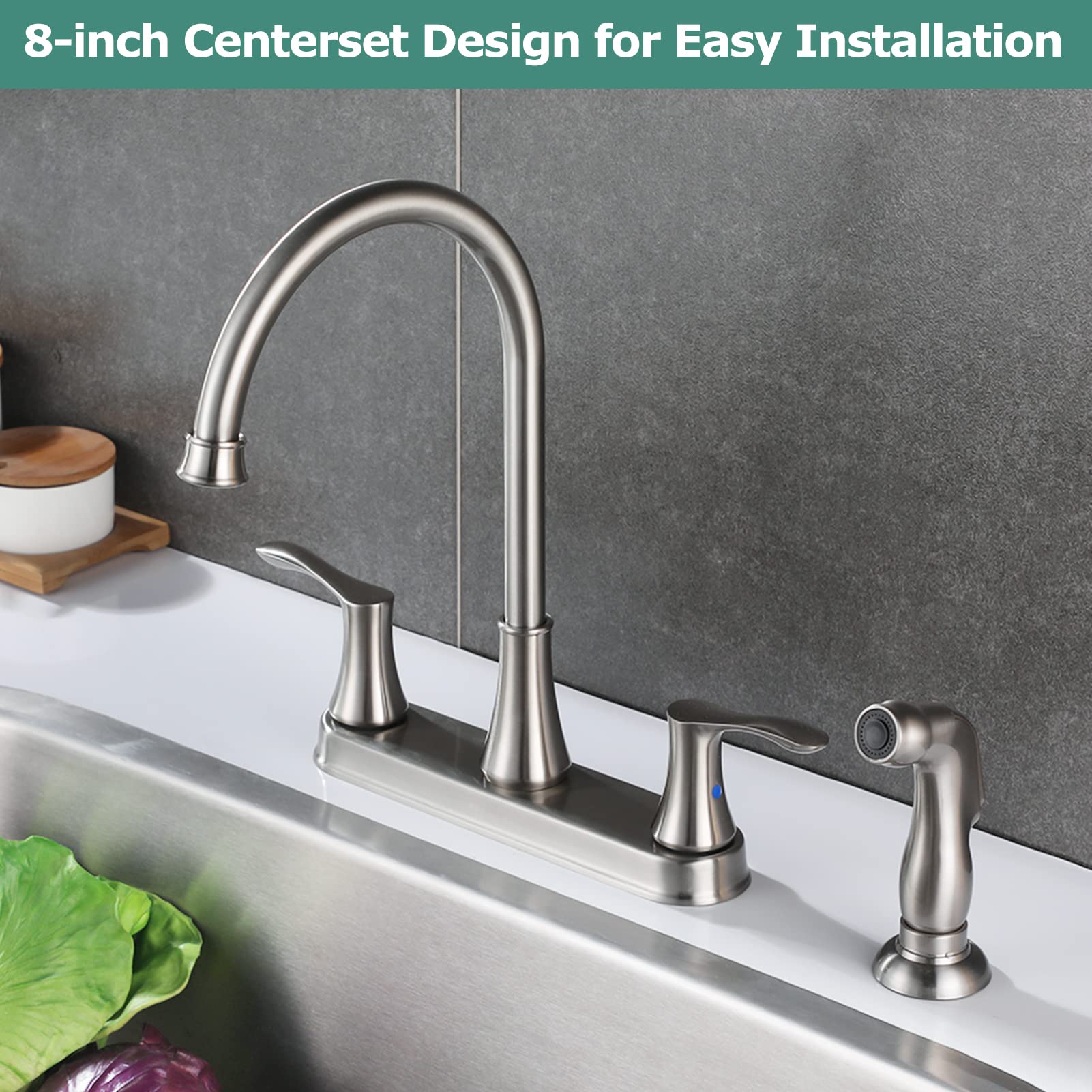 Parlos 8 Inch Two Handles High Arch Kitchen Sink Faucet With Side Sprayer & Supply Lines, Brushed Nickel, Demeter 14138