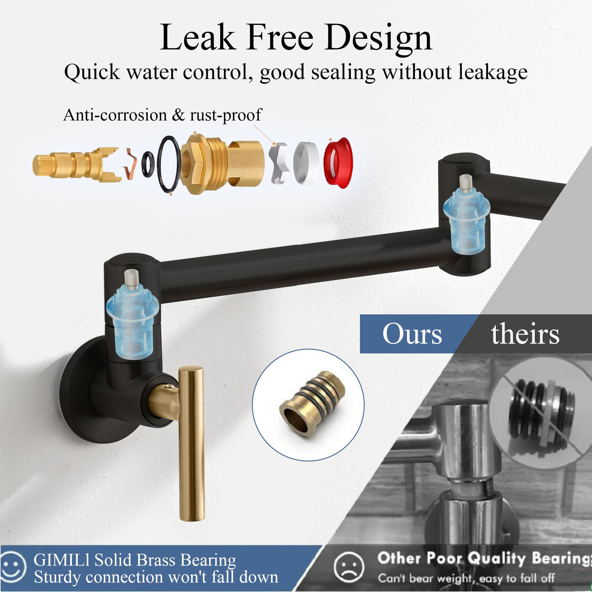 Diamondforge Pot Filler Faucet - For Kitchen, Sink, Stove And Bar With Brass Wall Mount Double Joint Swing Arms - Leak  Designs With High-Flow Aerators - Retractable And Folding Save Space - Brushed Black Gold