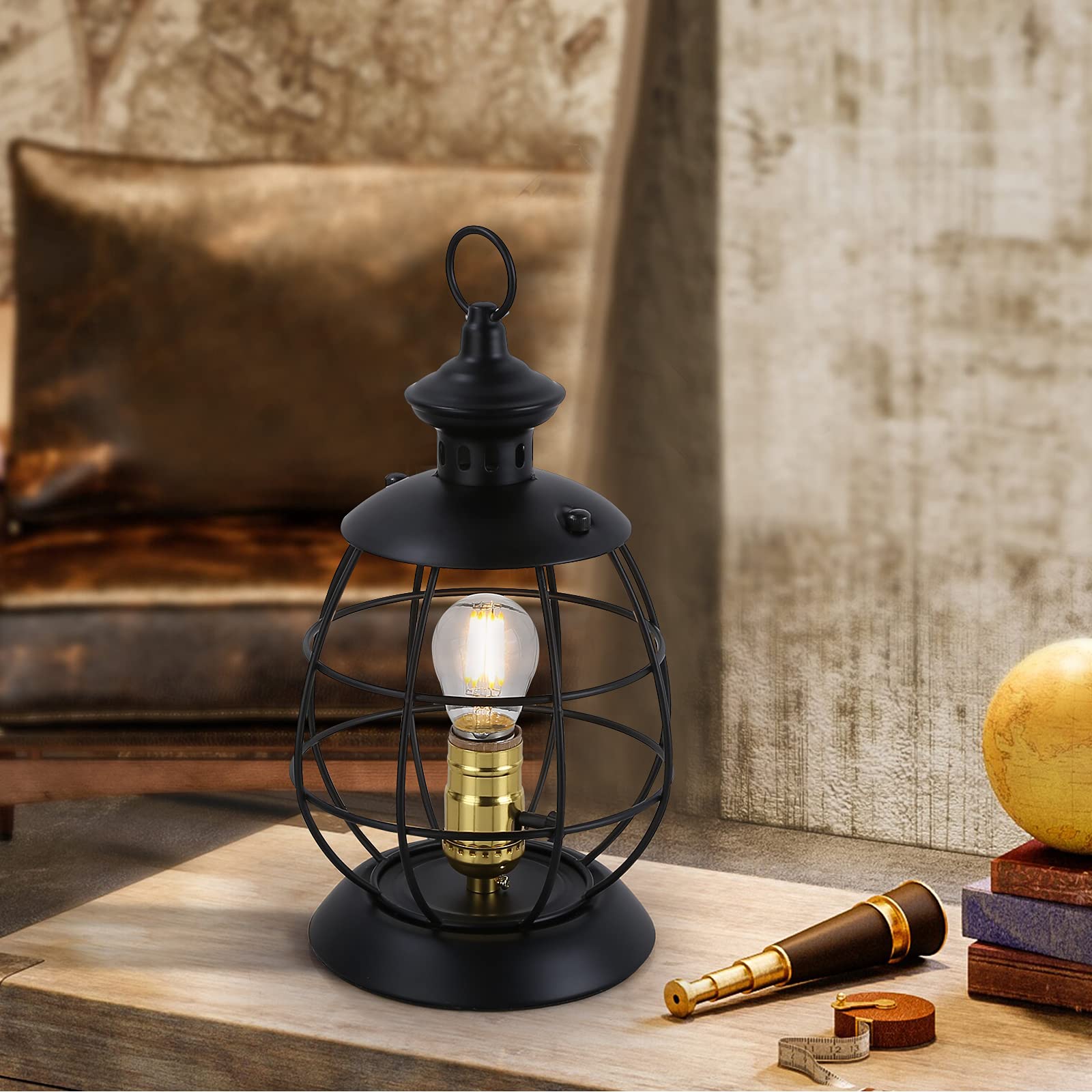 Cosylux Antique Industrial Electric Lantern Table Lamp For Bedroom Bedside, Metal Cage Shade Reading Desk Lamp With Hanging Hoop For Living Room, Modern Retro Mid-Century Farmhouse Décor Black(No Bulbs)