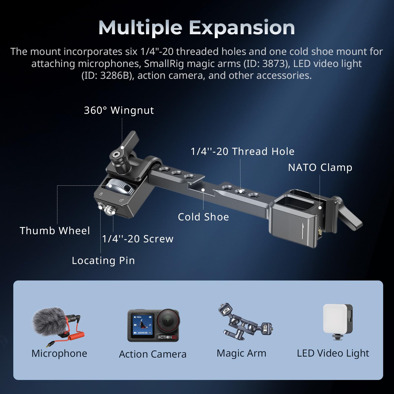 Smallrig Adjustable Camera Monitor Mount With Quick Release Nato Clamp, Cold Shoe Mount, Anti-Twist Design For Dji Rs 4 Mini/Rs 2 / Rsc 2 / Rs 3 / Rs 3 Pro/Rs 3 Mini - 5337