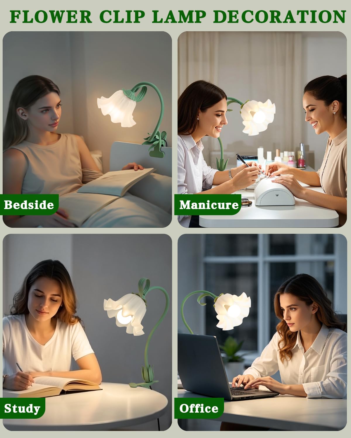 Werfop Flower Lamp Clip On Light, 3 Color Modes Eye-Caring Desk Lamp With Clamp For Bedside, Cute Gooseneck Reading Table Clamp Lamps For Home Office Bedroom Living Room (Green)