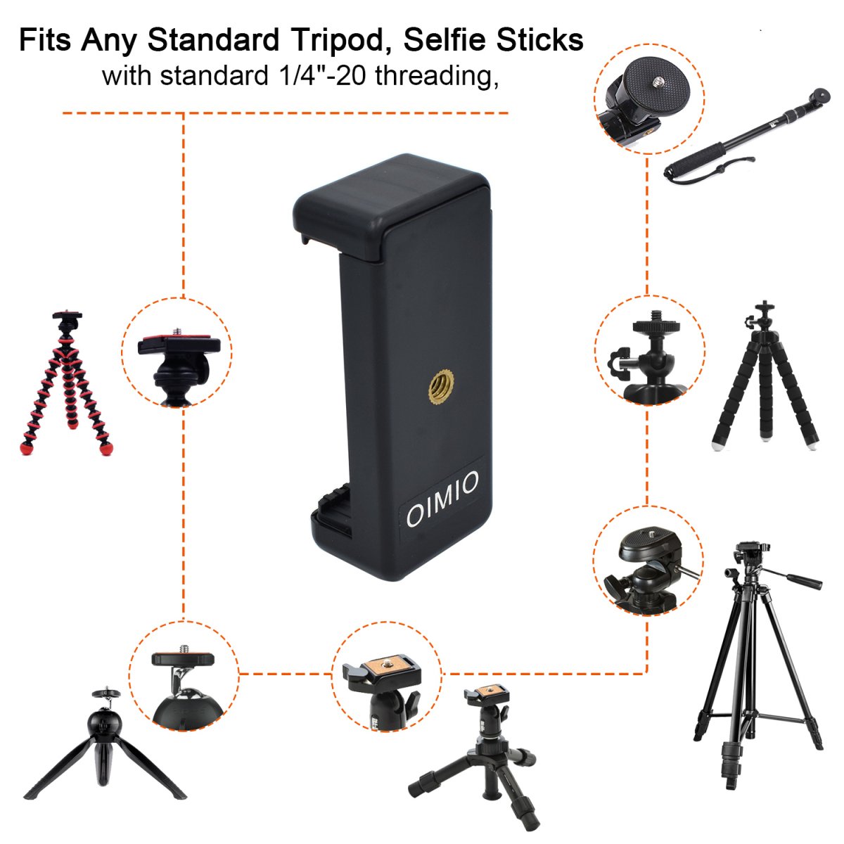 Oimio Universal Cell Phone Tripod Mount Adapter, Phone Holder Clip Connector Head Used For Monopod Selfie Stick Dslr Travel Mini Flexible Tripod And More(2 Pack)