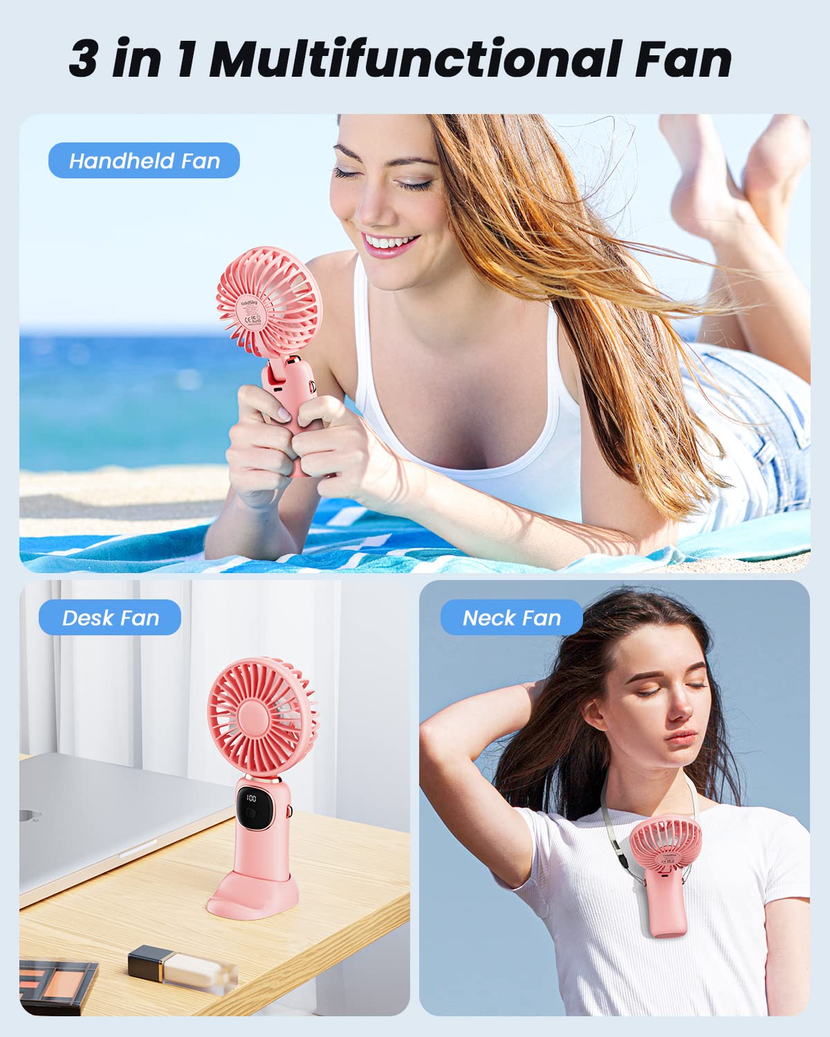 Portable Handheld Fan, 4000Mah Battery Operated Fan With Led Display, Handheld/Neck/Desk 3 In 1