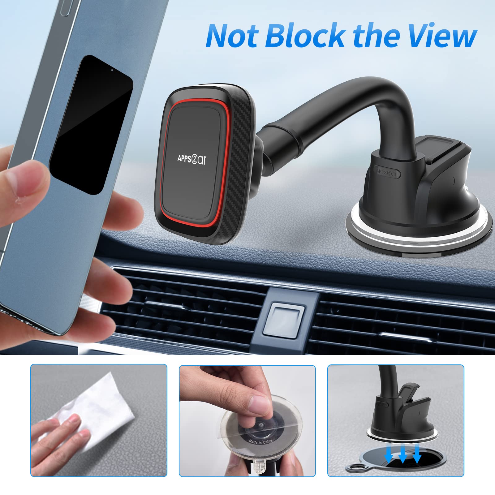Apps2Car Magnetic Car Phone Holder Mount [6 Strong Magnets], Cell Phone Holder Car [Suction Cup], Phone Car Holder Mount [Windshield Dashboard] Fit For Most Smartphones & Mini Tablets
