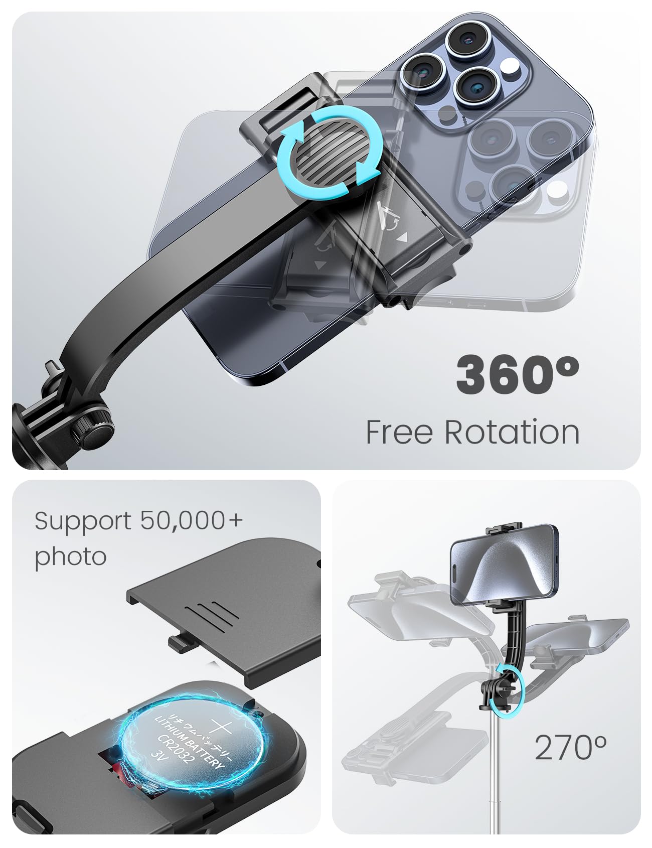 Kzomkzoo Selfie Stick Tripod With Detachable Phone Holder, 41.7" Extendable Phone Tripod With Remote, 360° Rotatable Stand For Iphone, Samsung, And Android Smartphones (Black)