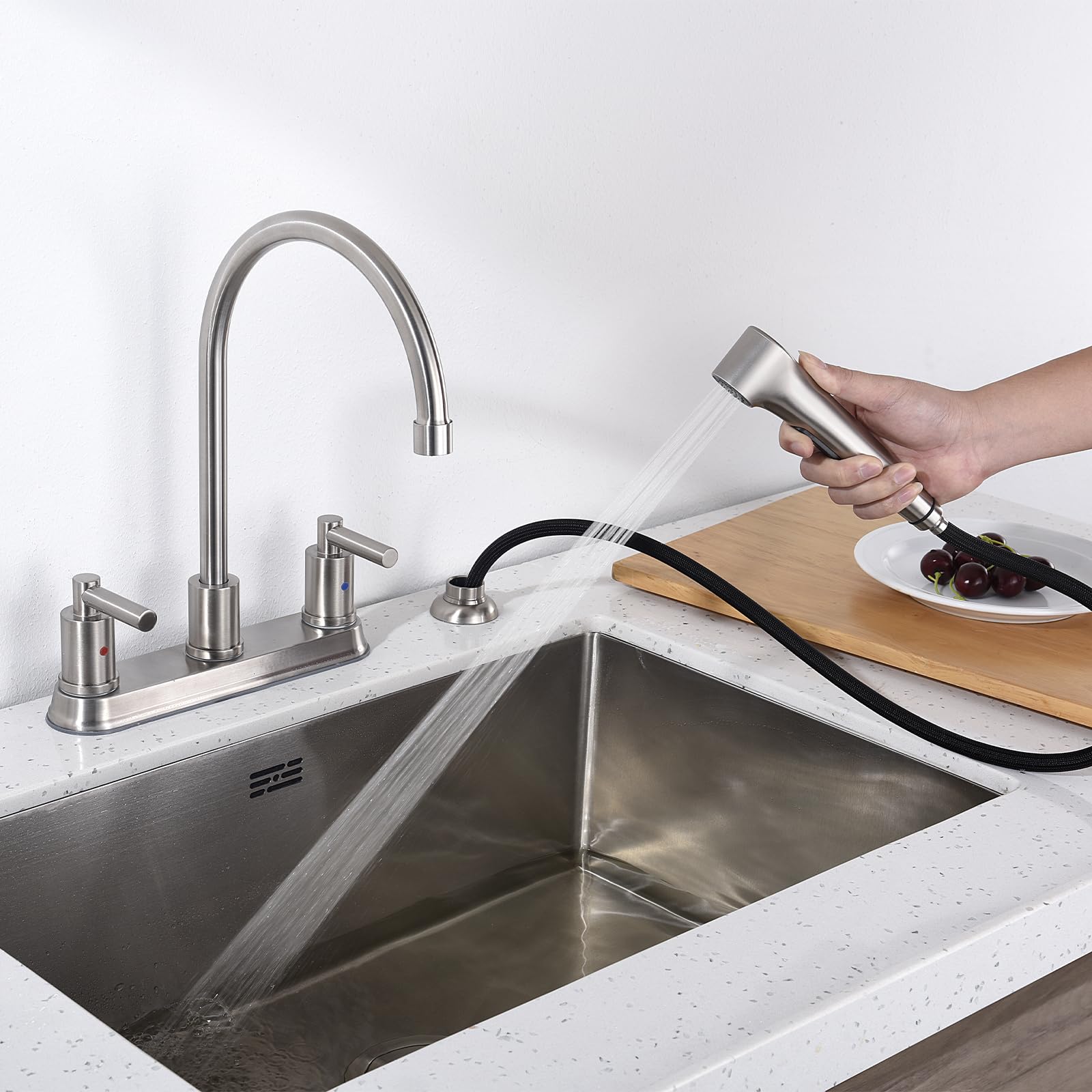 Arrisea 2 Handle Kitchen Sink Faucet With Side Sprayer, Two Handle 4 Holes 8 Inch Centerset Kitchen Faucets With 24 Inch Pull-Out Side Sprayer, Brushed Nickel Stainless Steel High Arc Kitchen Tap