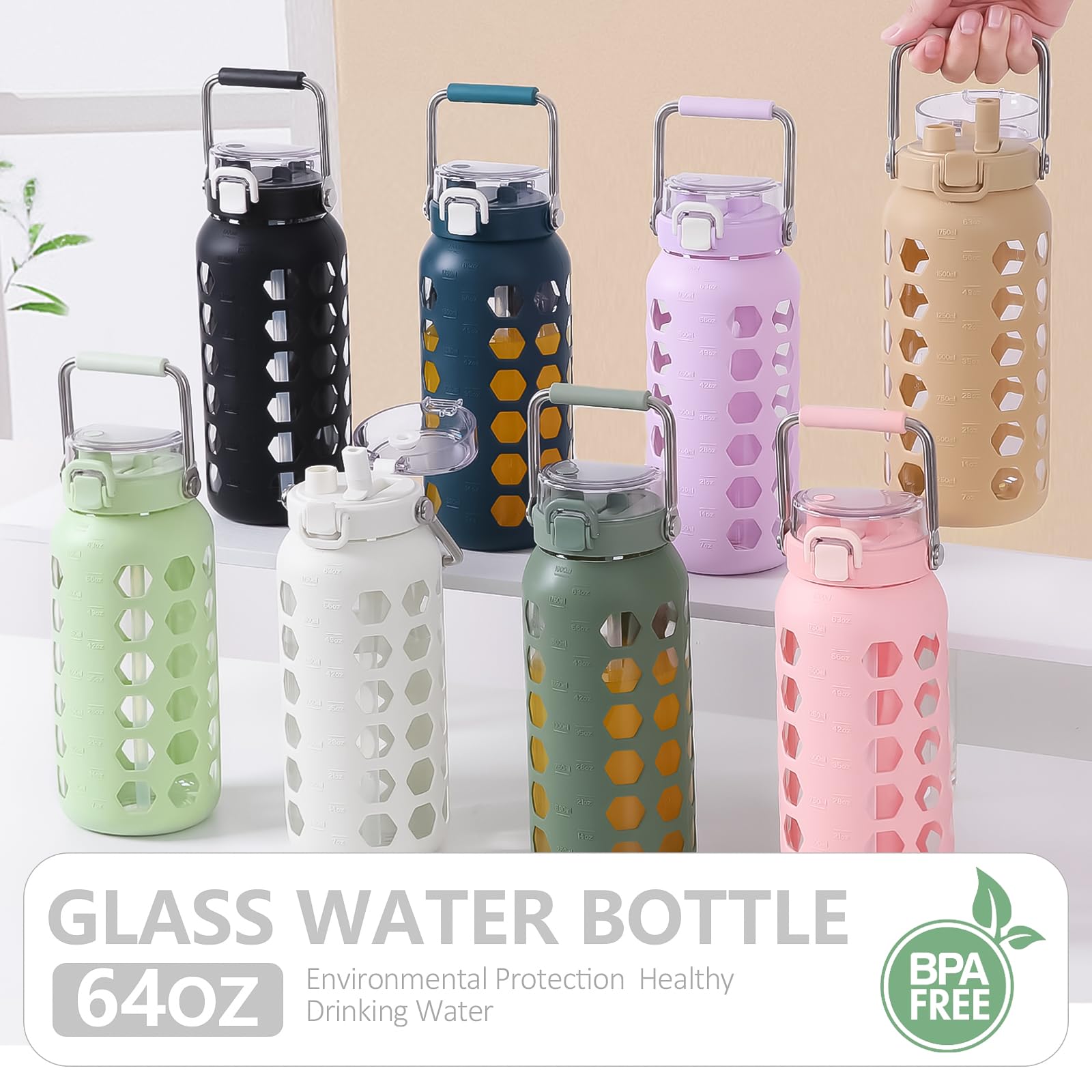 Mukoko 64Oz Glass Water Bottles With Straw And Lid,Half Gallon Water Bottle With Time Marker