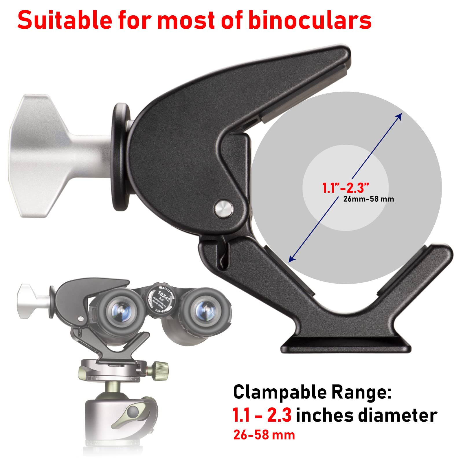 Zelnoox Clamp Binocular Tripod Adapter – Arca Quick Release Dovetail  1/4"-20 & 3/8"-16 Screw Holes  Fits 26-58Mm Binoculars