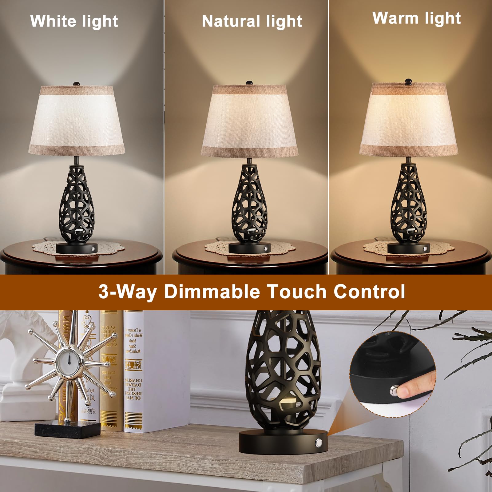 Bird&Fish Touch Control Table Lamp Modern Bedside Lamp Bedroom Lamps 3 Color Dimmable Nightstand Lamp Night Lamp Desk Lamp For Living Room Hollow With Usb-A And Usb-C Charging Ports (Black-1)
