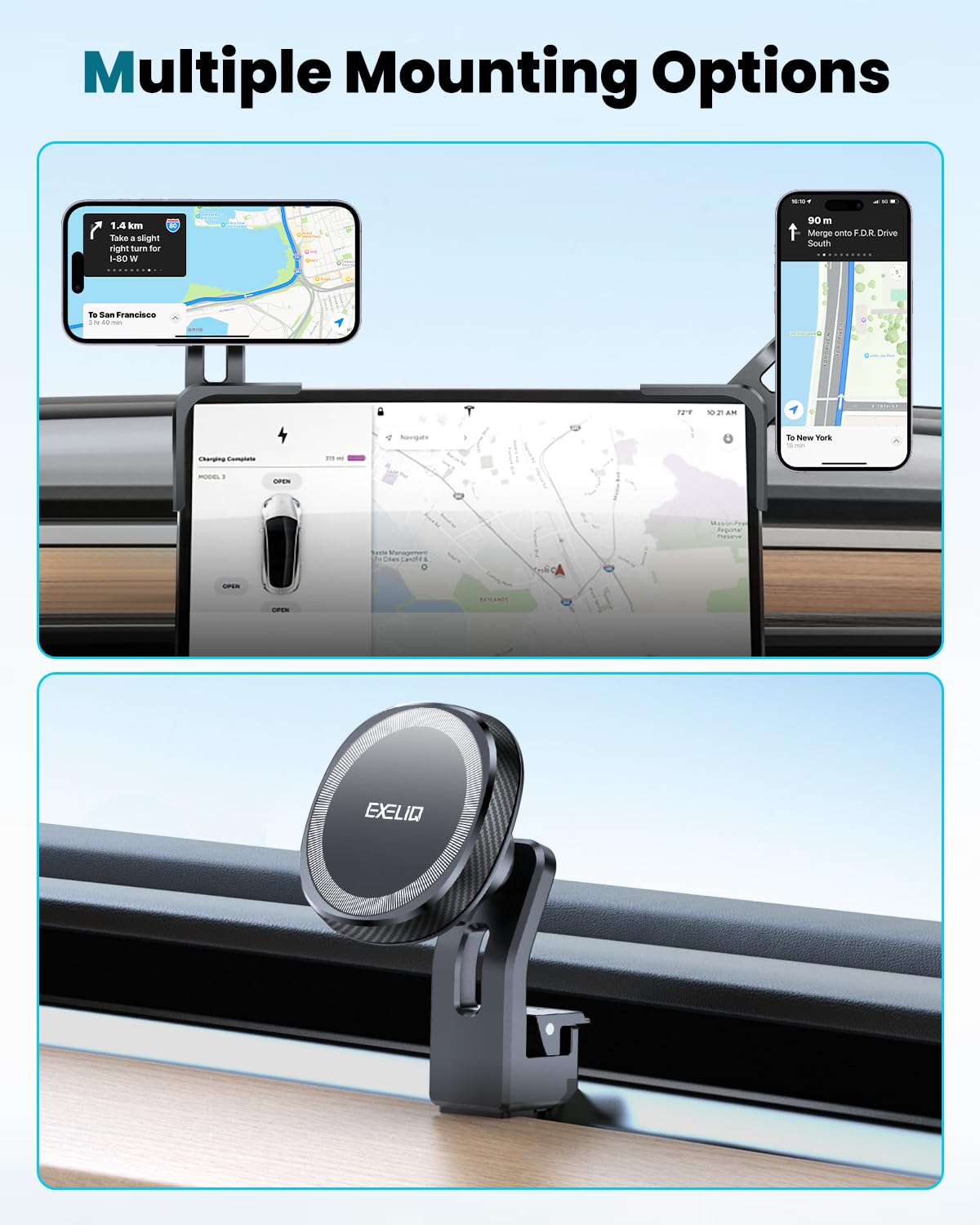 Exeliq Phone Holder For Tesla Model Y/3, Phone Mount For Tesla Air Vent [Stable Triple Hook], Touchscreen Car Phone Holder With Strong Magnet, Magsafe Car Mount For Iphone 16/15/14/13/12, All Phones